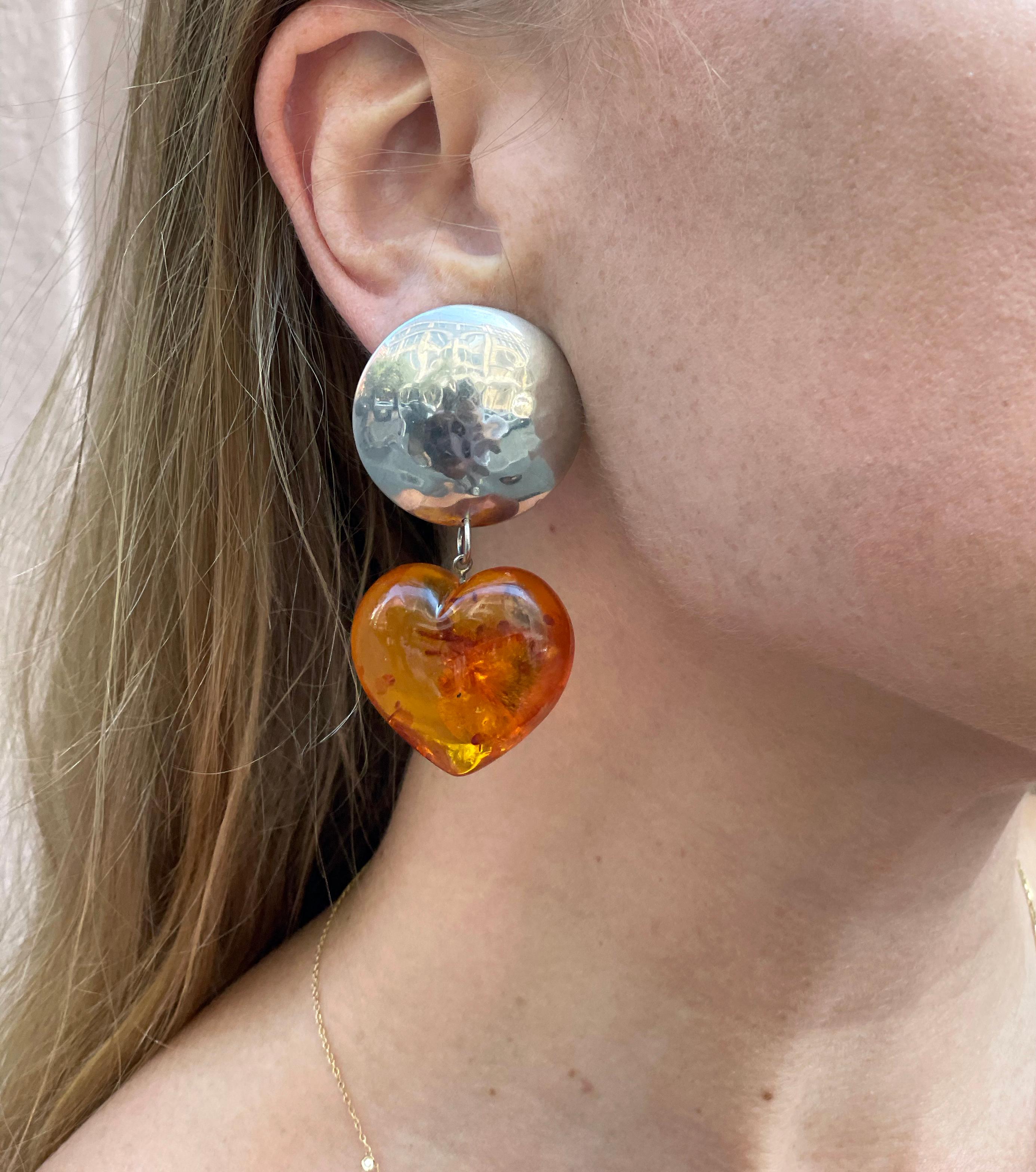 Vintage Baltic Amber Heart Drop Earrings In Excellent Condition In New York, NY