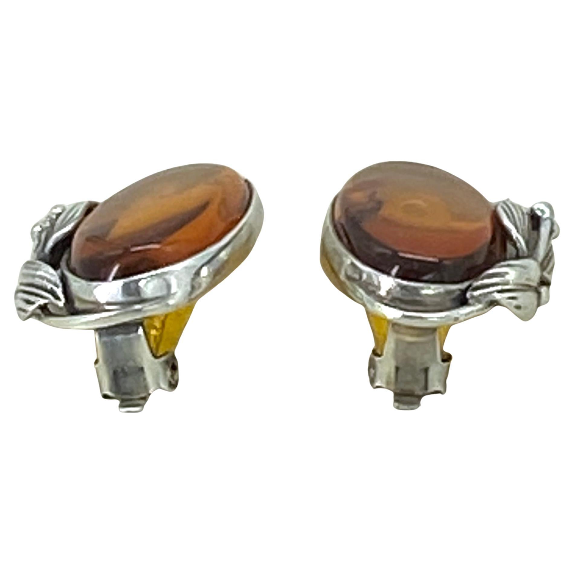 Vintage Baltic Amber Sterling Clip-on Ohrringe (Cabochon) im Angebot