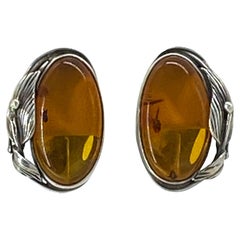 Vintage Baltic Amber Sterling Silver Clip-On Earrings, Art Nouveau Style