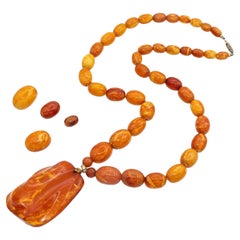 Vintage Baltic Butterscotch Amber Beaded Strand Necklace with Carved Pendant