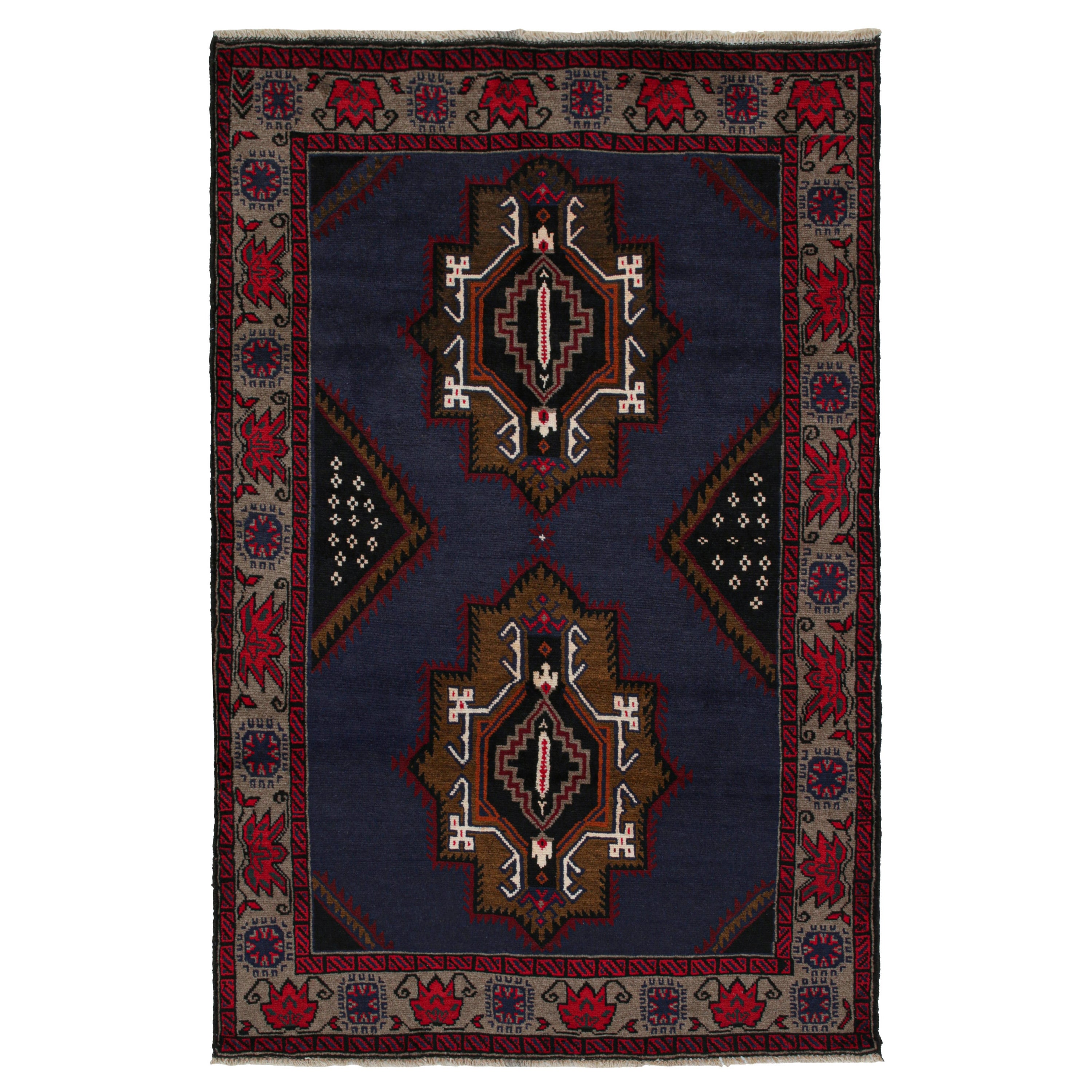 Tappeto afgano Baluch vintage in blu con motivi oro rosso nero da Rug & Kilim