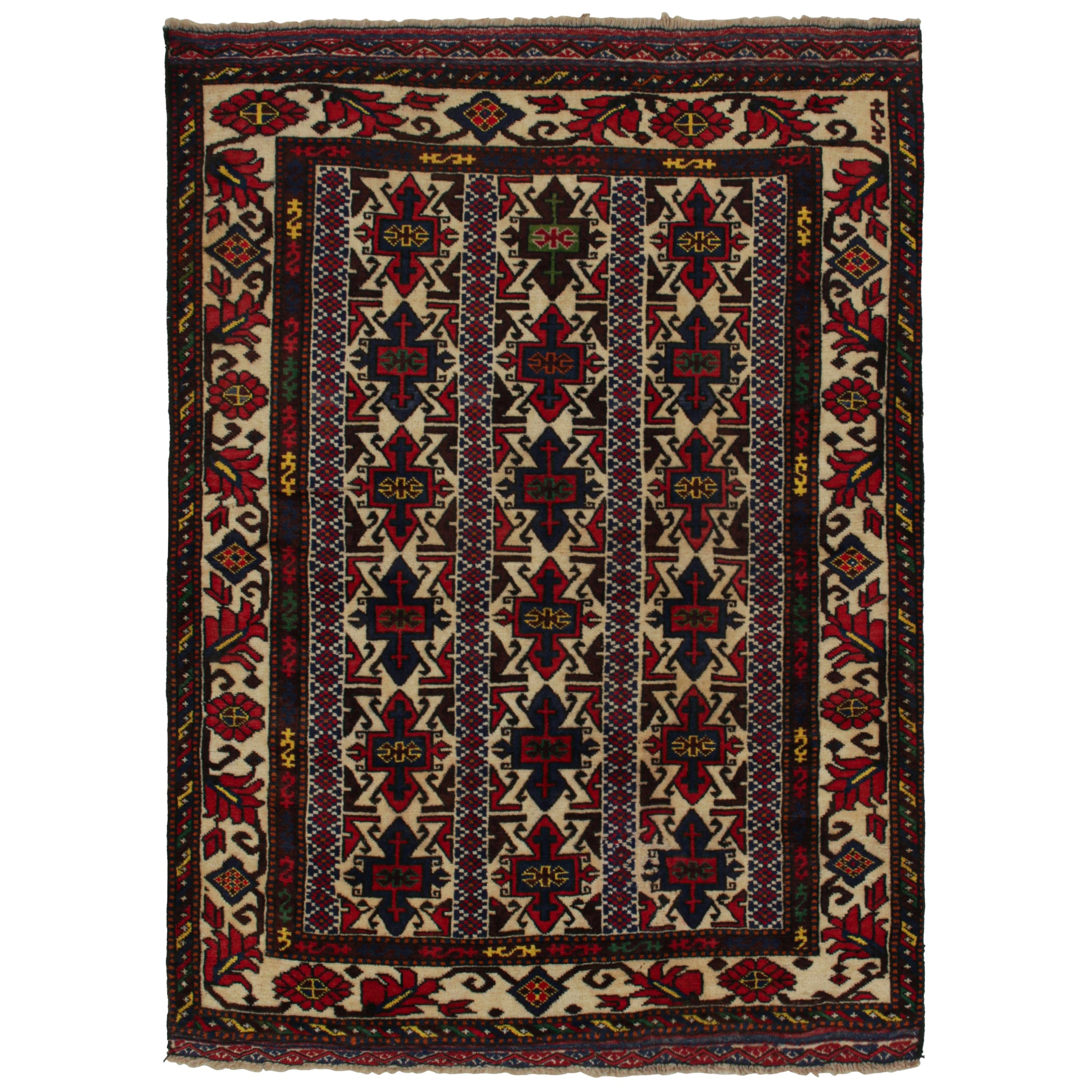 Tappeto afgano Baluch vintage con motivi rossi, beige, blu e marroni da Rug & Kilim