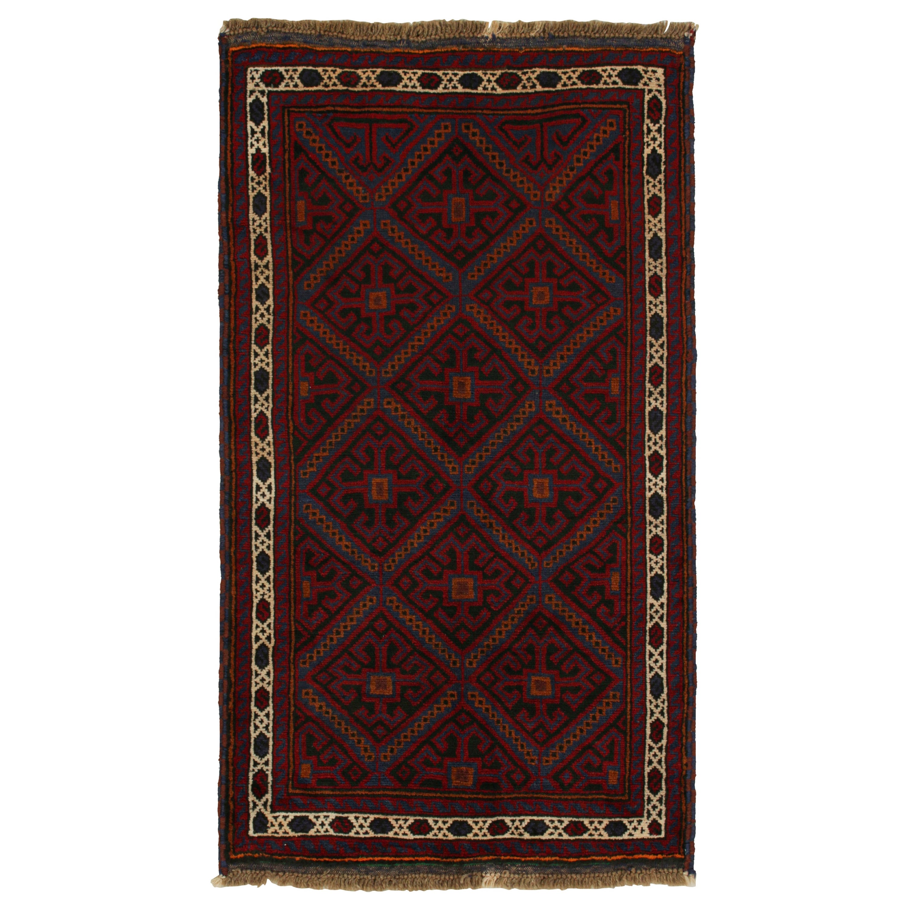 Tapis afghan Baluch vintage à motifs rouges, noirs, bleus et bruns de Rug & Kilim