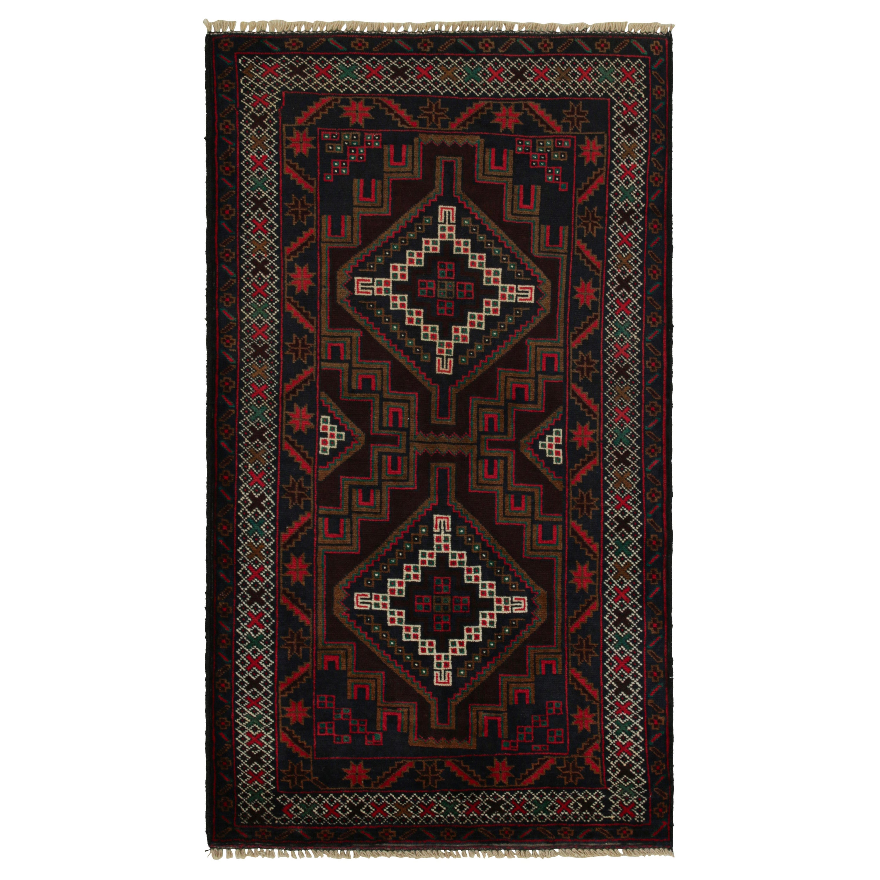 Vintage Baluch Afghan Teppich in Rot & Blau mit geometrischem Muster von Rug & Kilim