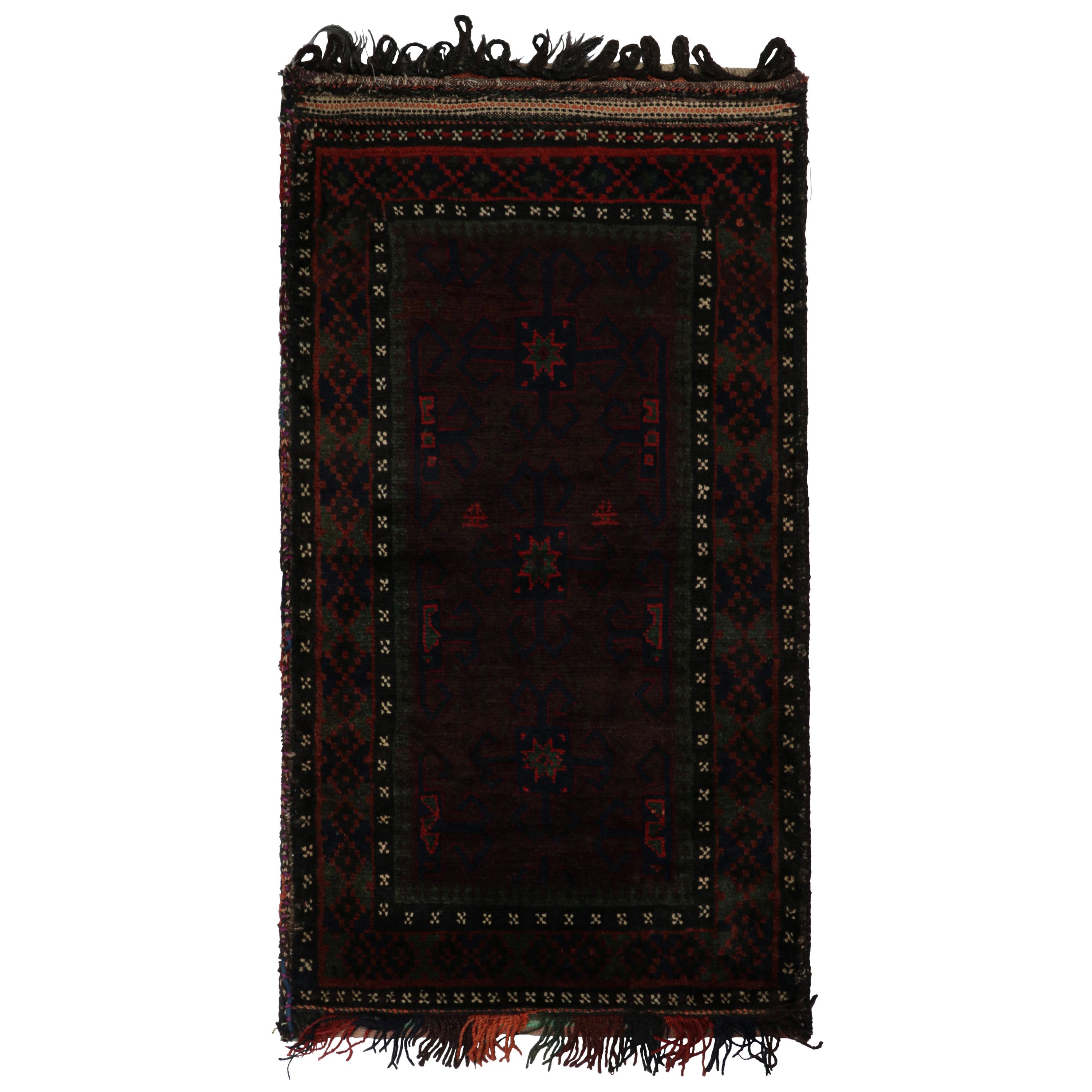 Tappeto afgano Baluch vintage con motivi rossi, verdi, blu e neri da Rug & Kilim in vendita
