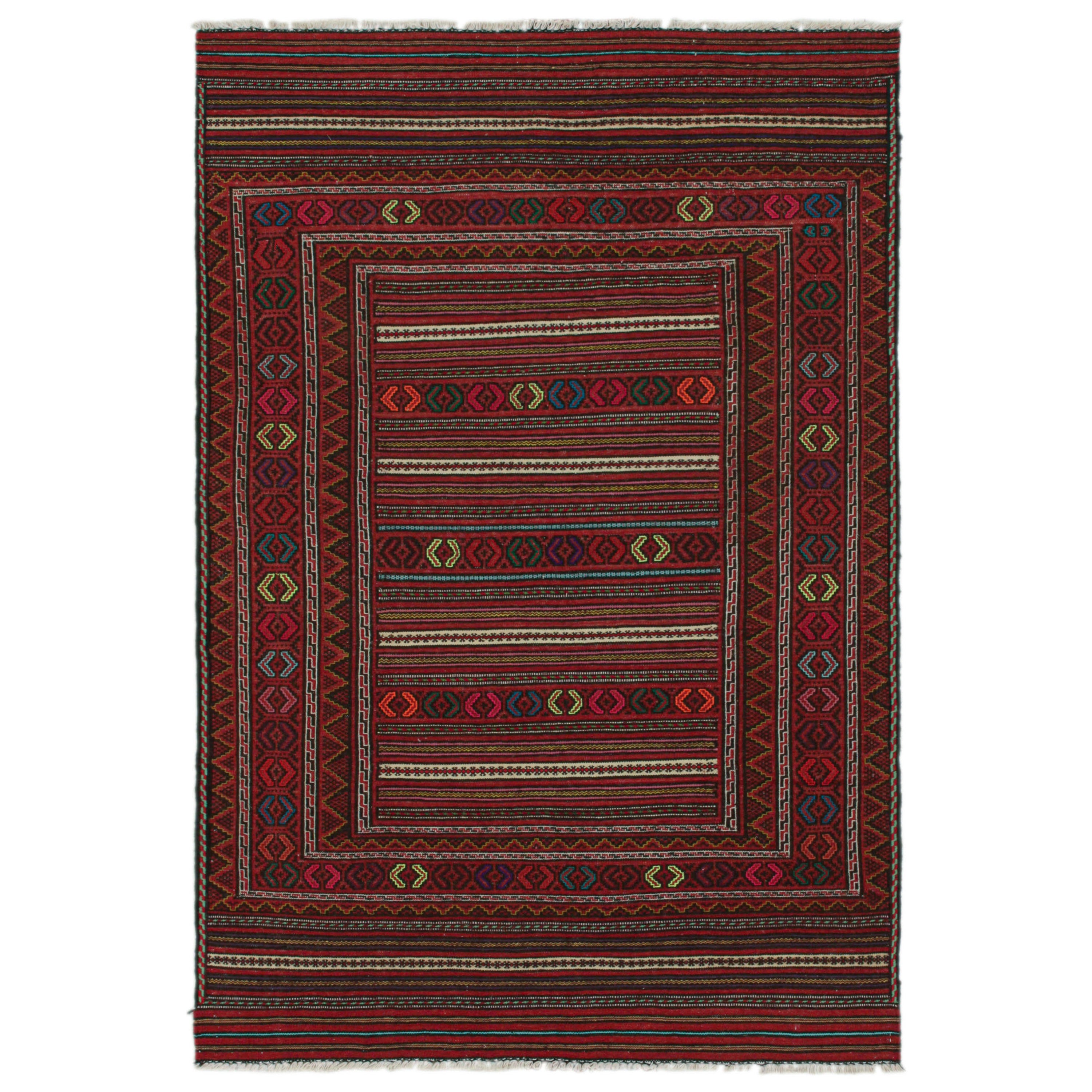 Tappeto Baluch Kilim vintage in rosso con strisce e motivi tribali, da Rug & Kilim
