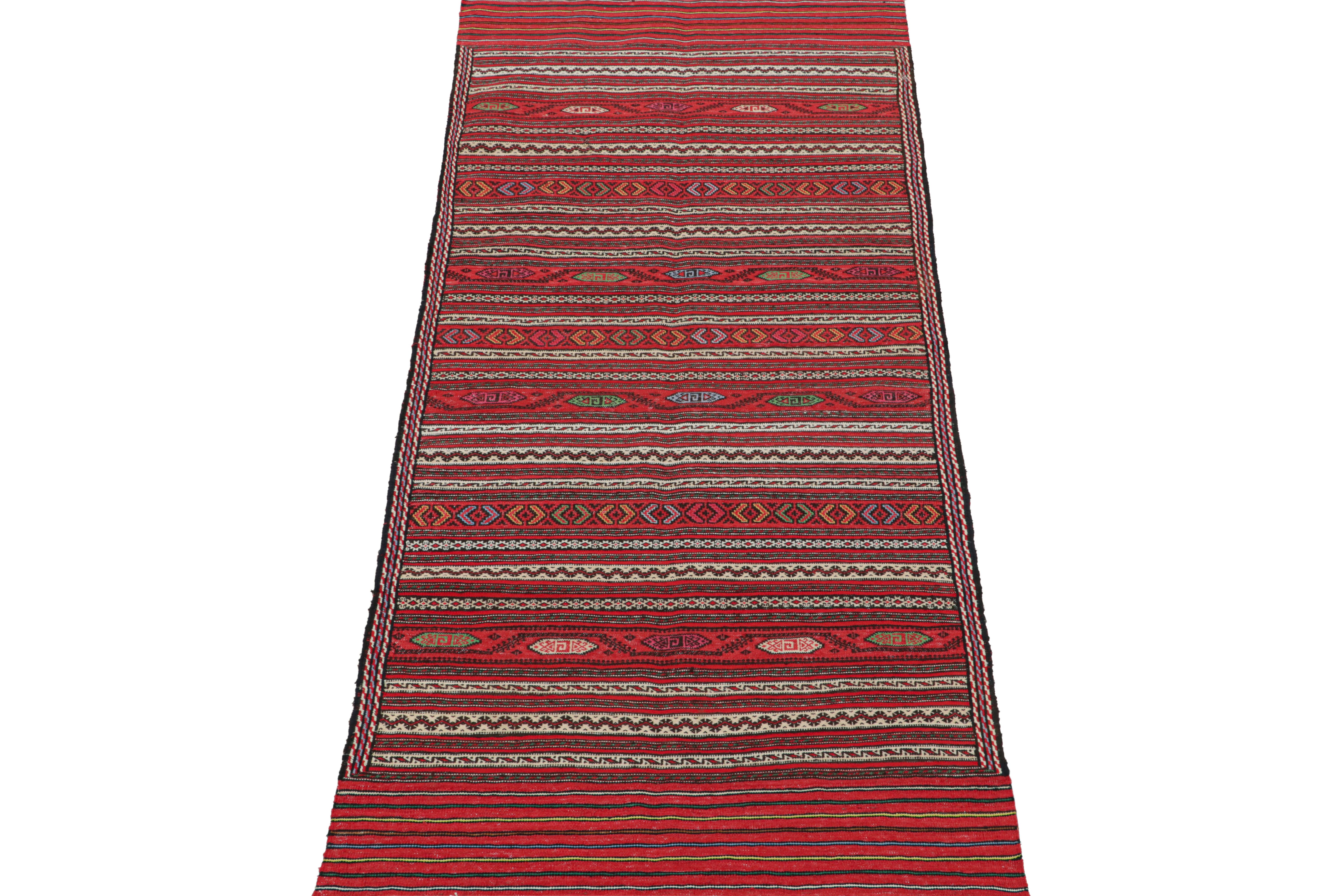 Handwoven in wool circa 1950-1960, this 3x7 vintage Baluch Kilim runner vintage Baluch Kilim is a new curation from Rug & Kilim’s primitivist flatweaves. 

On the Design:

Specifically believed to hail from the Leghari clan of this nomadic people,