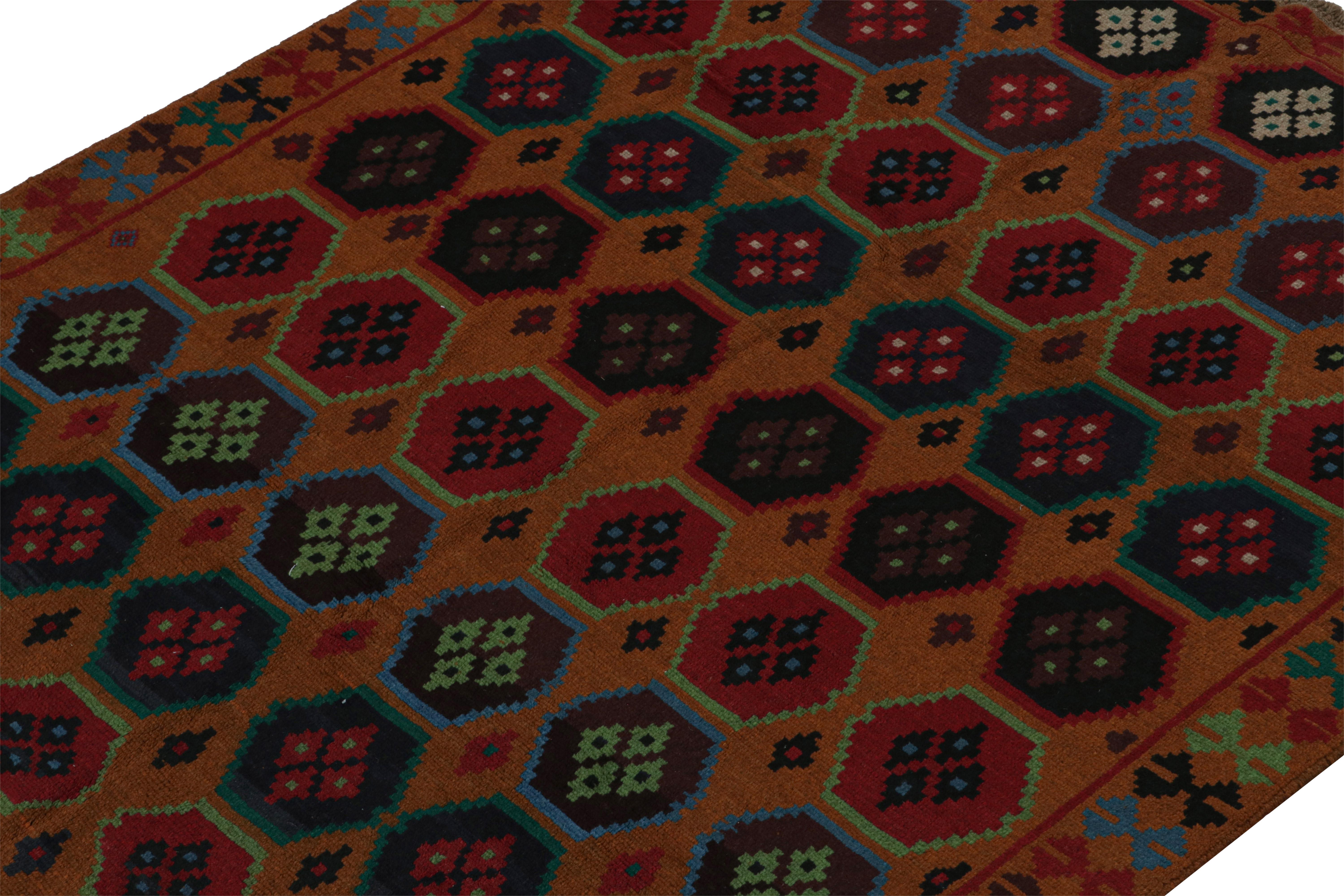 Hand-Knotted Rug & Kilim’s Baluch Tribal Rug in Rust Tones with Colorful Hexagon Patterns For Sale