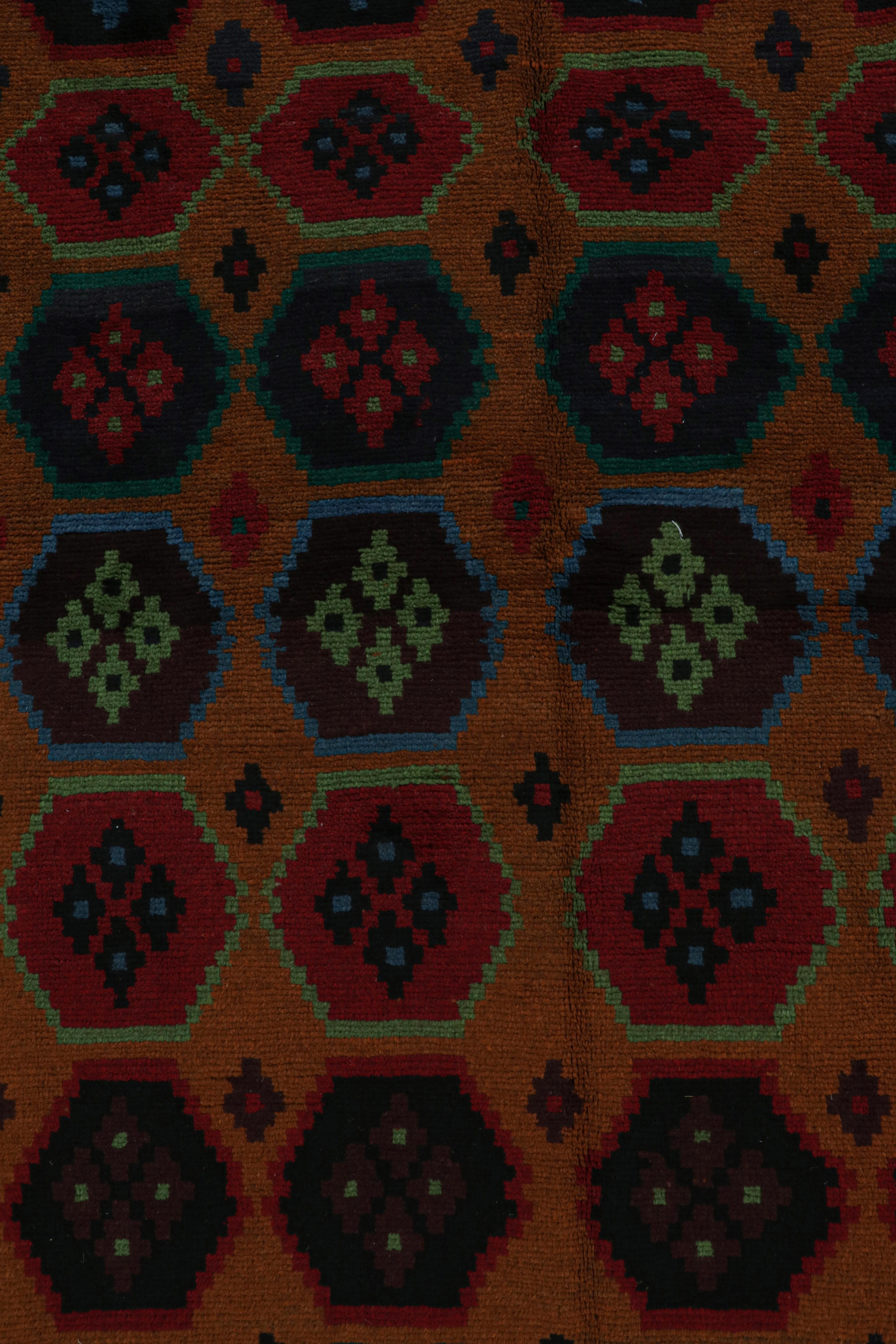 Contemporary Rug & Kilim’s Baluch Tribal Rug in Rust Tones with Colorful Hexagon Patterns For Sale