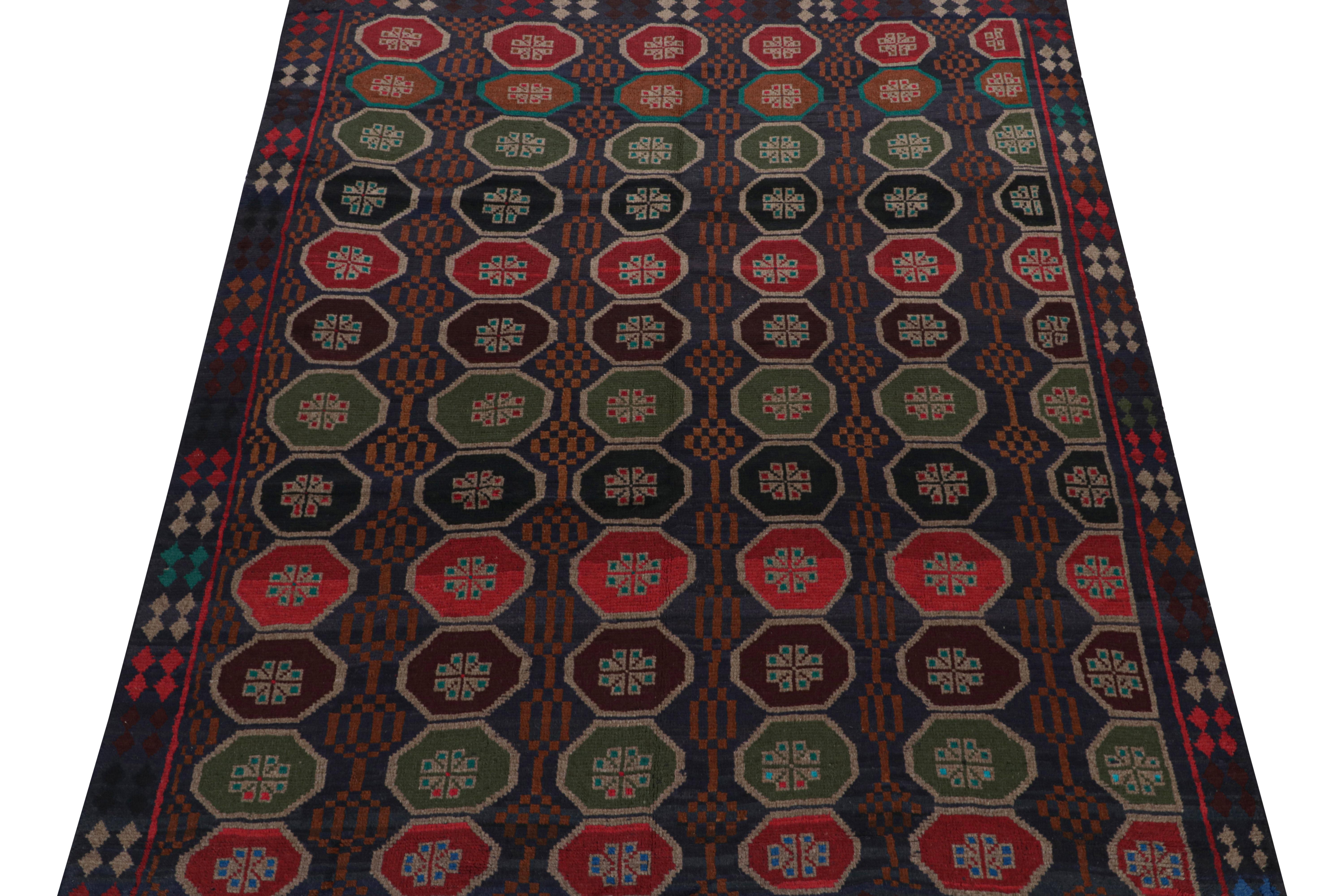 Afghan Rug & Kilim’s Baluch Tribal Rug in Brown with Colorful Hexagon Patterns For Sale