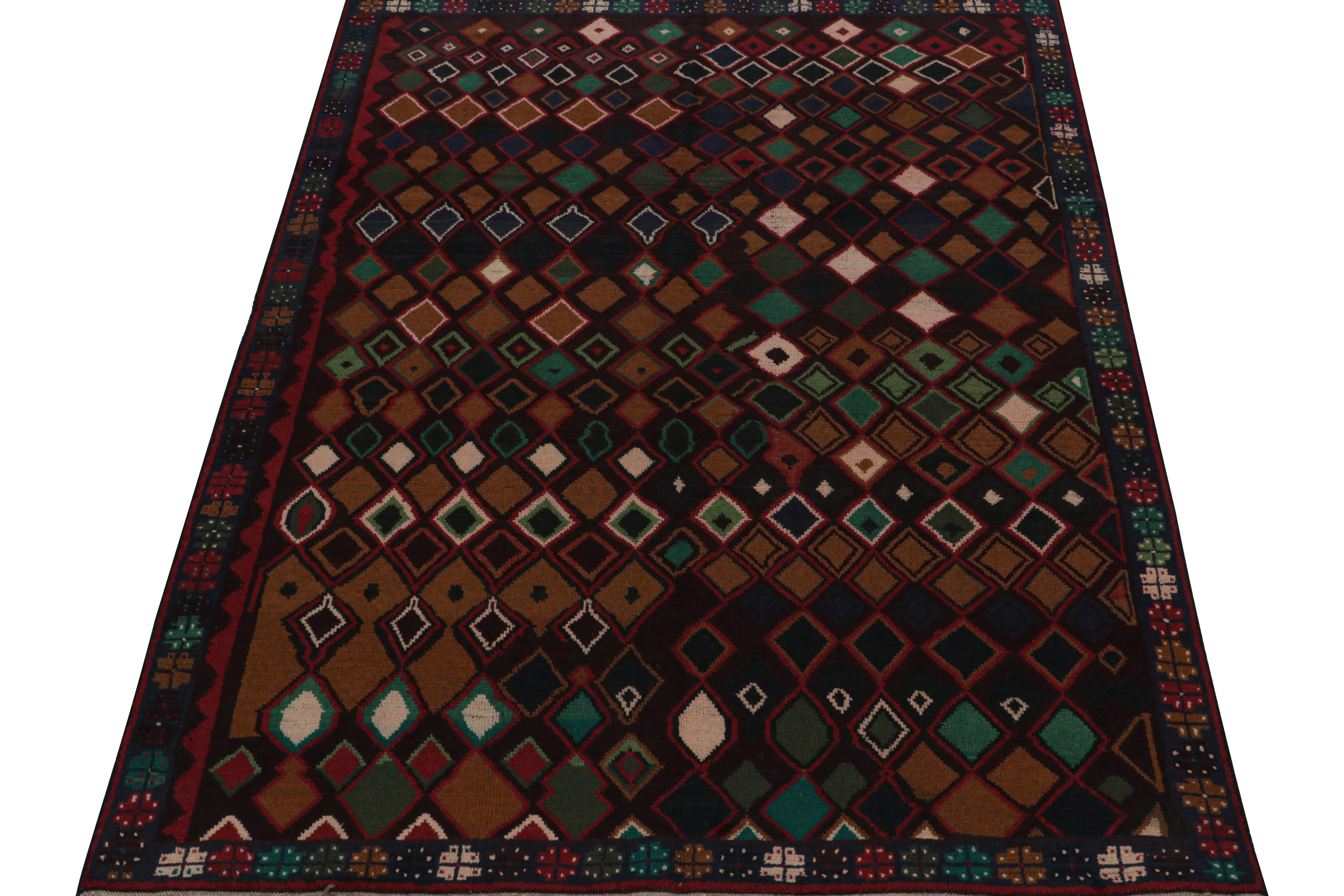 Afghan Rug & Kilim’s Baluch Tribal Rug in Burgundy with Colorful Diamond Patterns For Sale