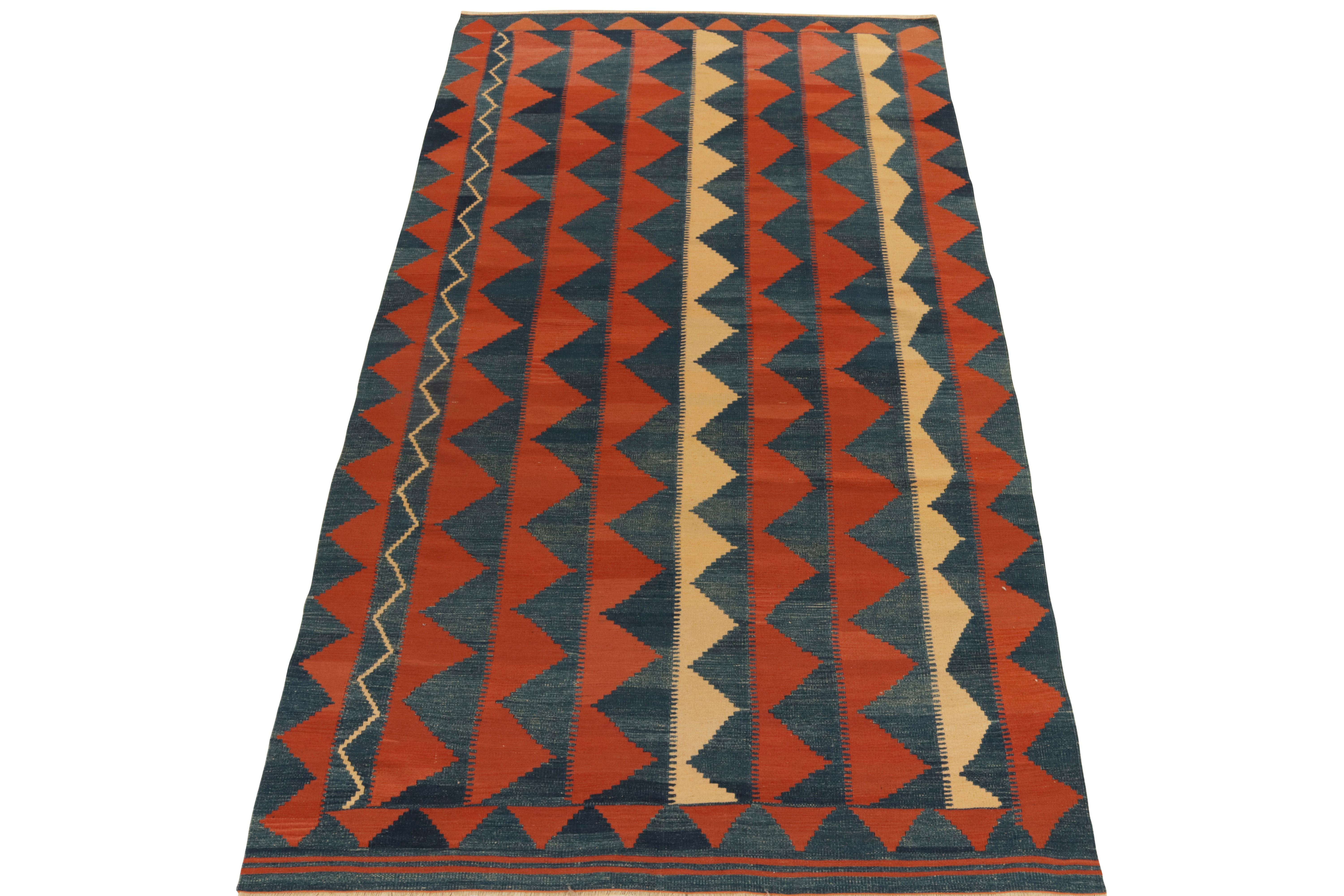 Hand-Knotted Vintage Baluch Persian Kilim in Blue, Rust & Beige Tribal Geometric Pattern For Sale