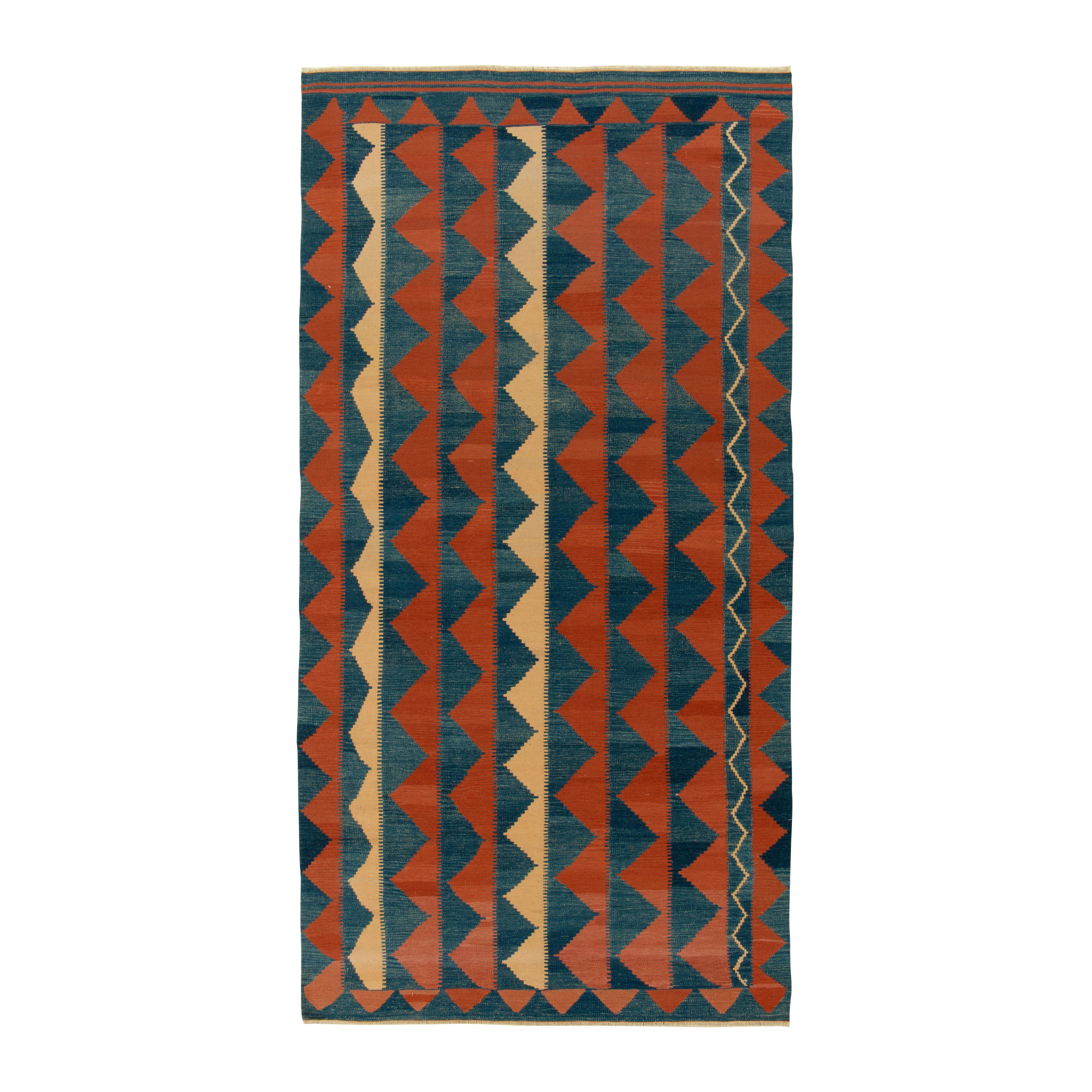 Kilim persiano Baluch vintage in blu, ruggine e beige con motivo geometrico tribale