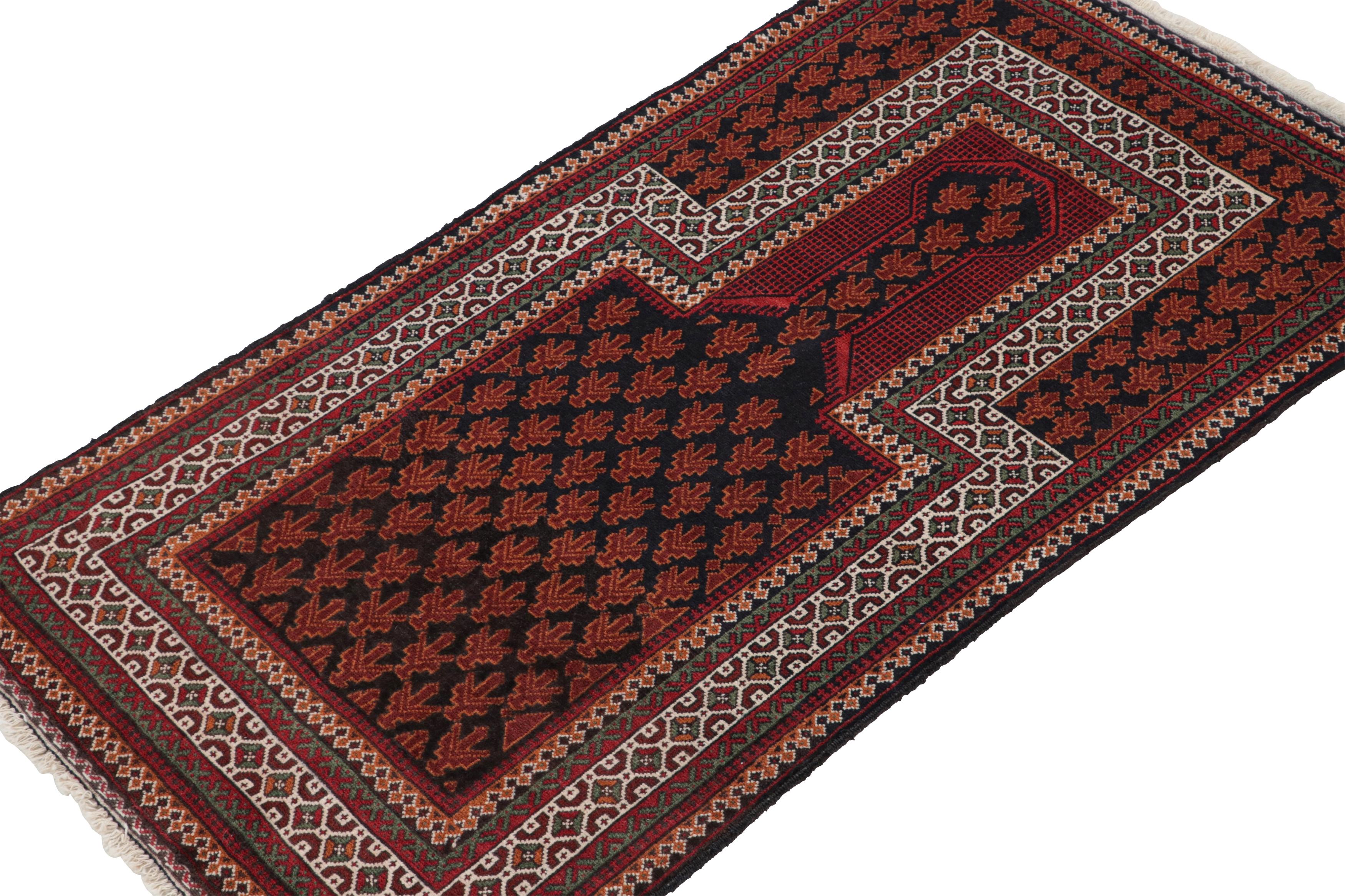 Hand-knotted in wool, this 3x5 Baluch Persian rug of the 1950s is the latest to enter Rug & Kilim’s Antique & Vintage collection.

On the Design:

The Persian Baluch rug carries tribal patterns in rich tones of red, orange, white & black. A keen eye