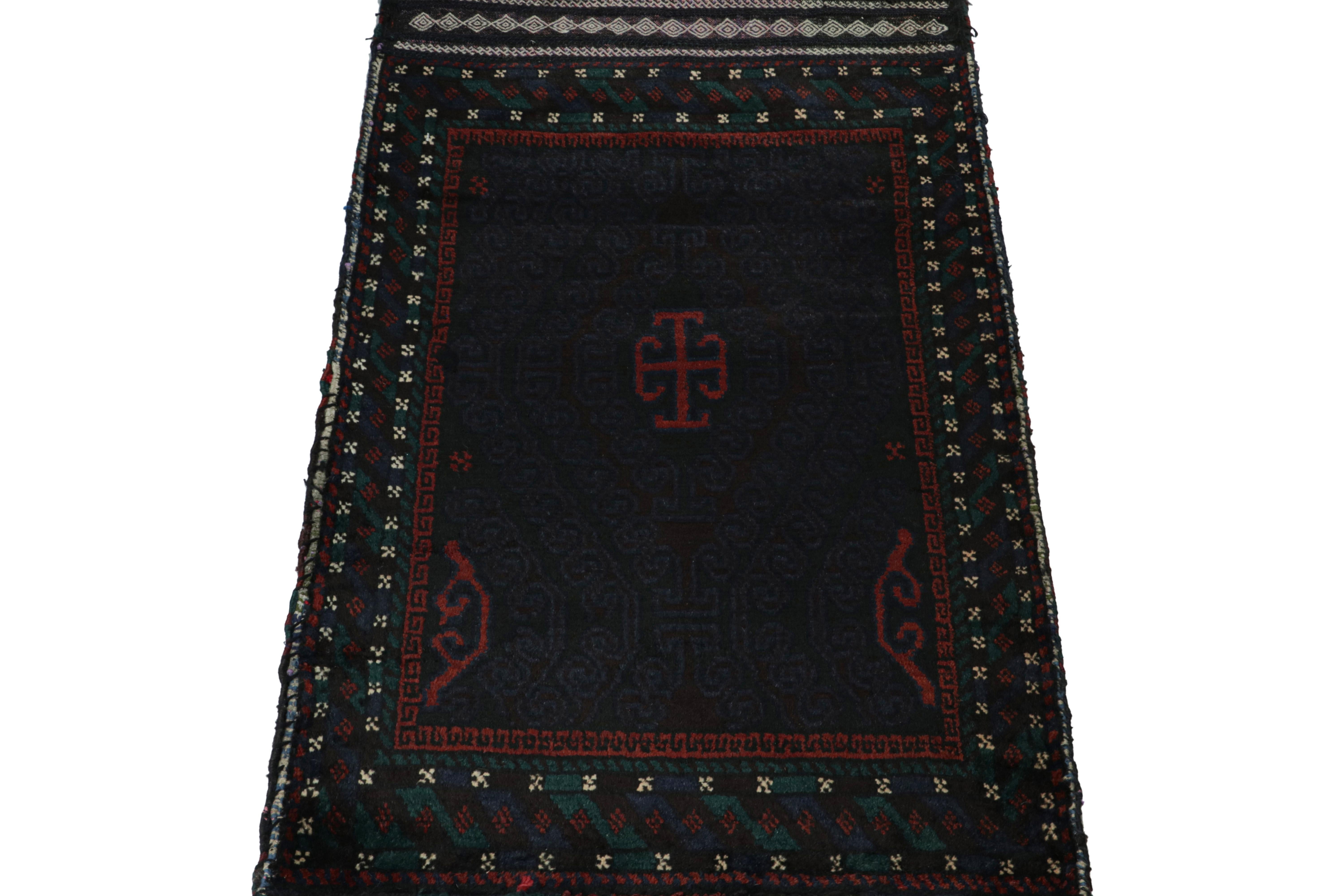 Hand-Knotted Vintage Baluch Afghan rug in Blue, Black & Red Tribal Patterns from Rug & Kilim For Sale