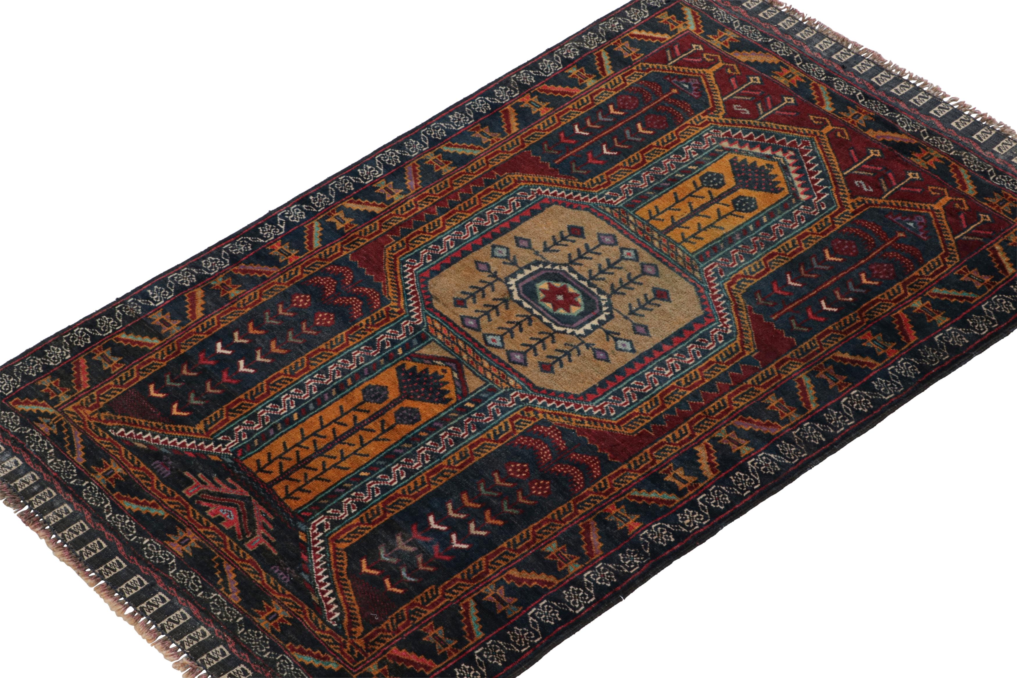 Hand-knotted in wool, this 3x4 Baluch Persian rug of the 1950s is the latest to enter Rug & Kilim’s Antique & Vintage collection.

On the Design:

The piece carries tribal patterns in rich tones of red, blue, brown & gold. A keen eye will note that