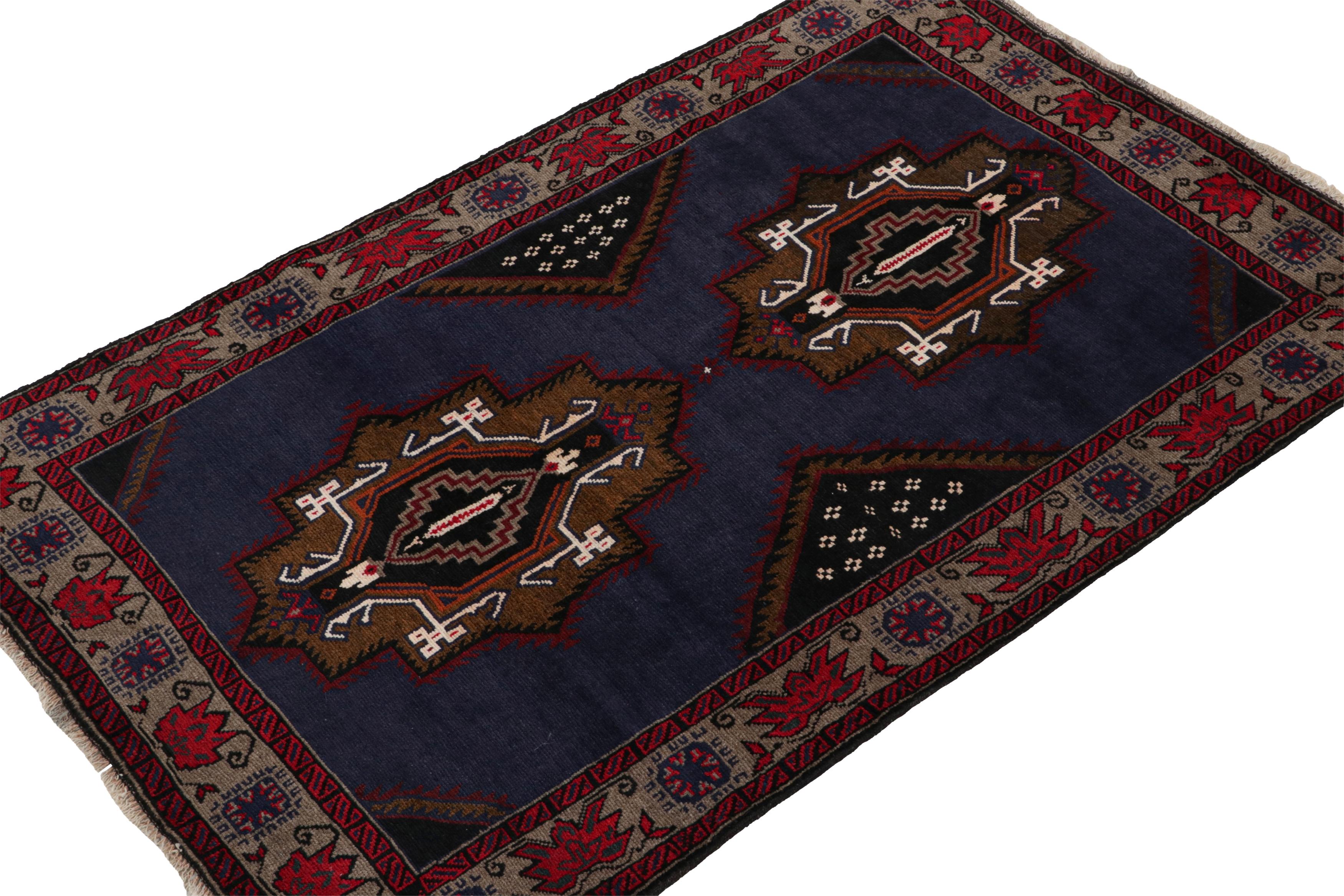 Hand-knotted in wool, this 4x6 Baluch Afghan rug of the 1950s is the latest to enter Rug & Kilim’s prestigious Antique & Vintage collection.

On the Design:

The piece revels in blue with medallions in gold relishing red, black & white detailing.