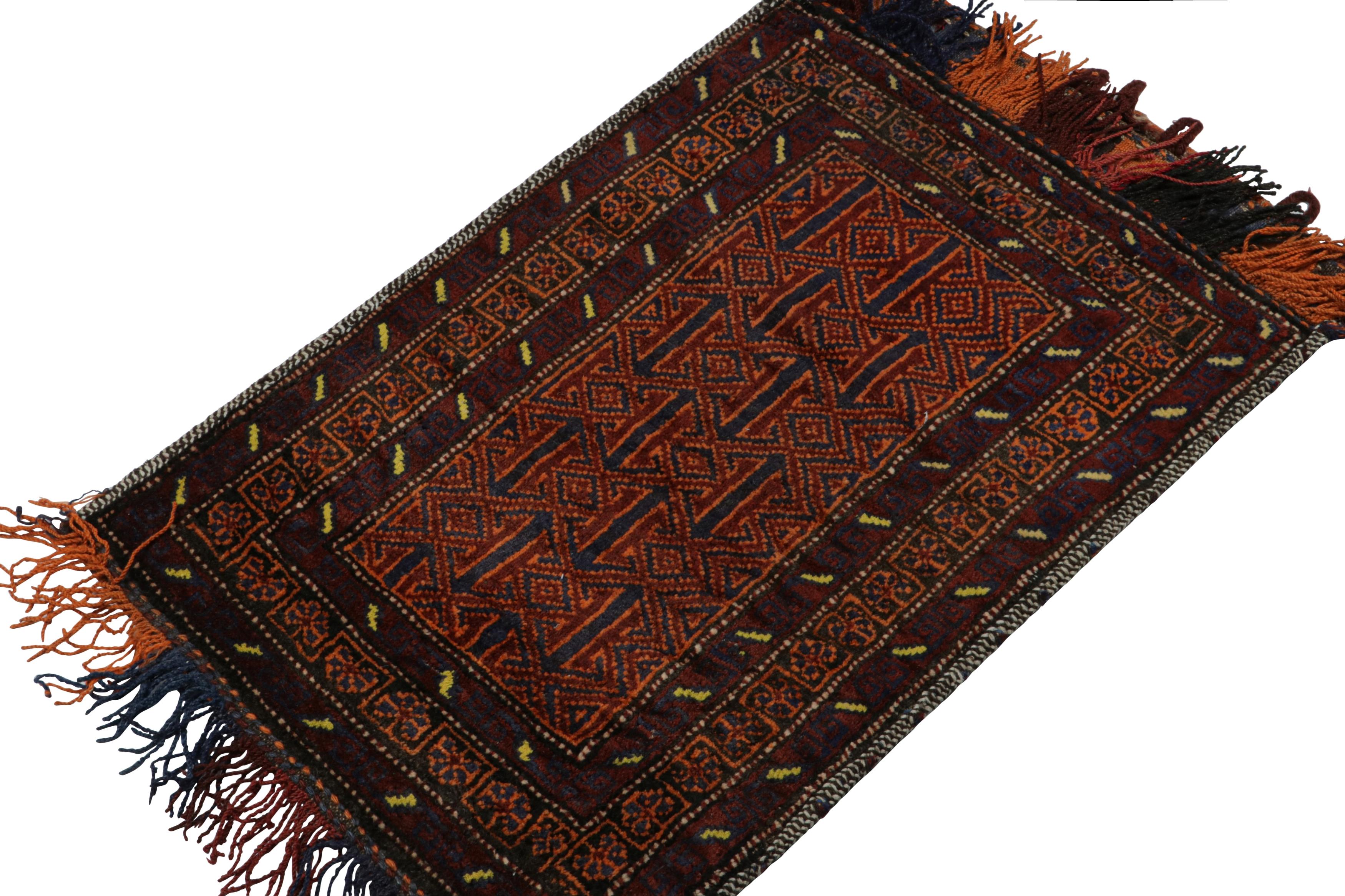 Hand-knotted in wool, this 2x3 Baluch Persian rug of the 1950s is the latest to enter Rug & Kilim’s Antique & Vintage collection.

On the Design:

The field features tribal patterns in rich tones of red-brown, blue & orange. The borders alternate in