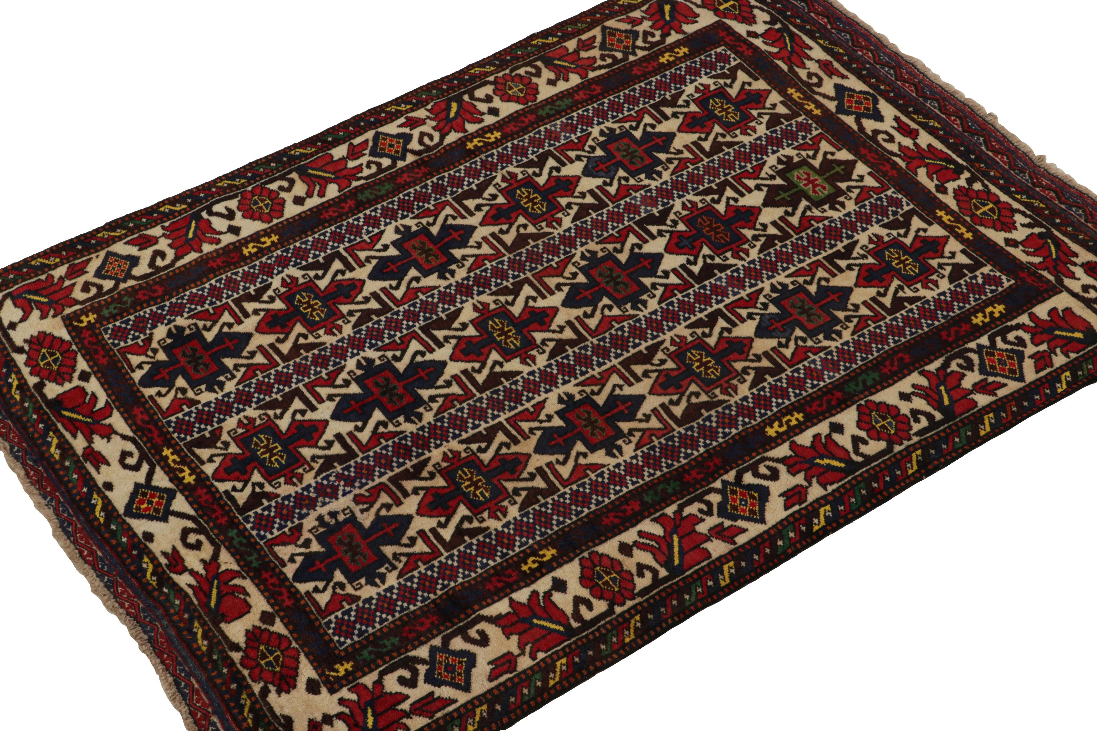 Hand-knotted in wool, this 4x6 Baluch Persian rug of the 1950s is the latest to enter Rug & Kilim’s Antique & Vintage collection.

On the Design:

The piece carries tribal patterns in vertical columns alternating in red, beige, blue & brown. The