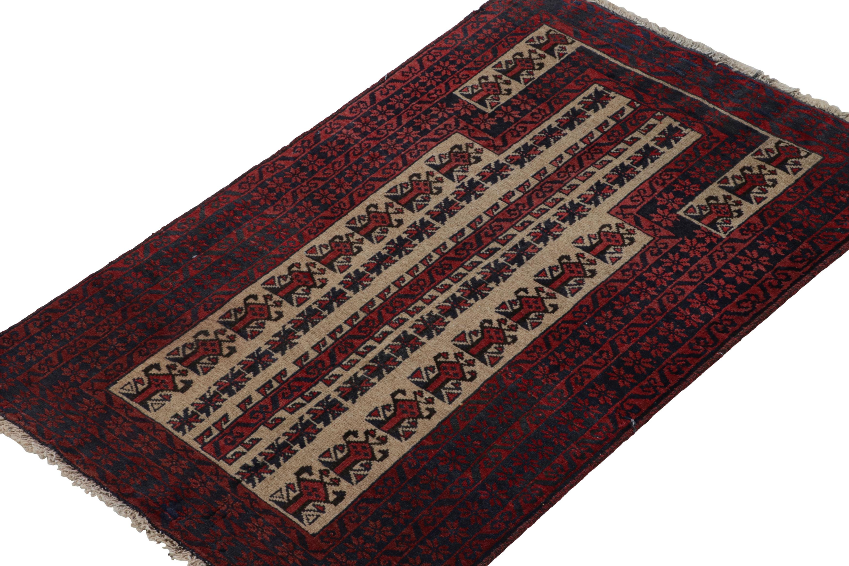 Hand-knotted in wool, this 3x4 Baluch Persian rug of the 1950s is the latest to enter Rug & Kilim’s Antique & Vintage collection.

On the Design:

The piece carries tribal patterns in rich tones of red, blue & beige. A keen eye will appreciate the