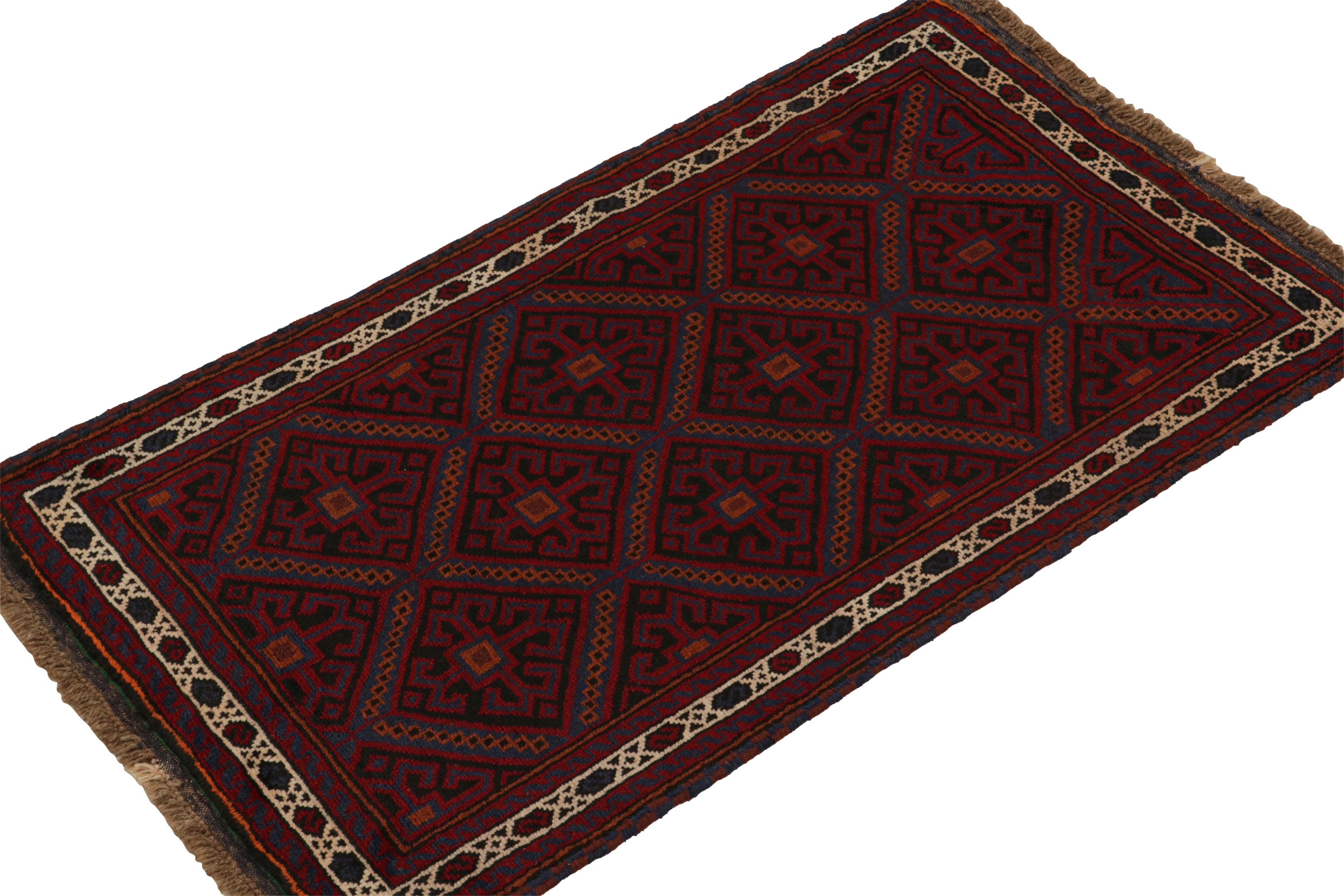 Hand-knotted in wool, this 3x4 Baluch Persian rug of the 1950s is the latest to enter Rug & Kilim’s Antique & Vintage collection.

On the Design:

The piece carries diamond patterns in rich tones of red, blue & black with orange punctuations. The