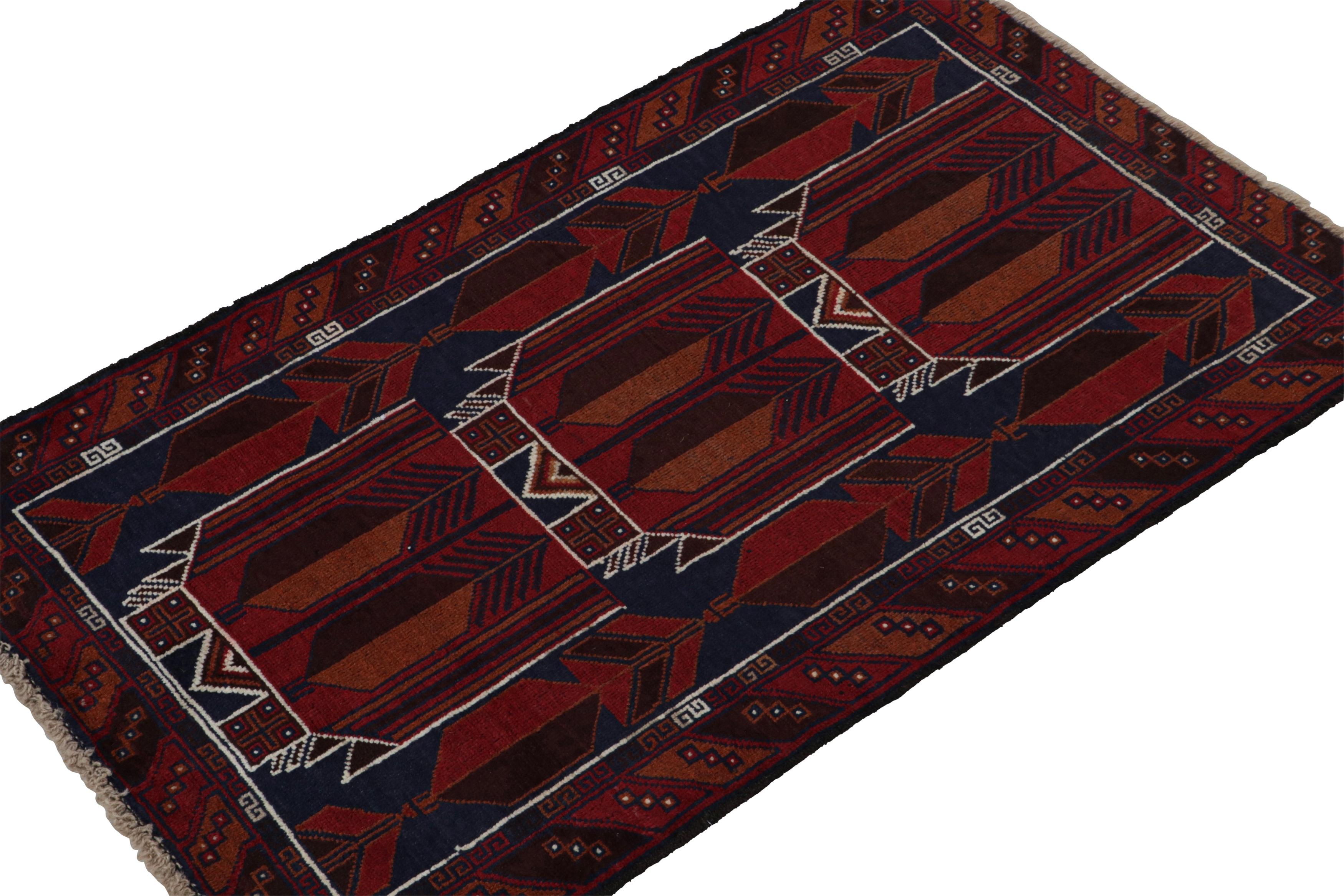Hand-knotted in wool, this 3x4 Baluch Persian rug of the 1950s is the latest to enter Rug & Kilim’s Antique & Vintage collection.

On the Design:

The piece features tribal geometric patterns in tones of red, blue & brown with fine white detailing.