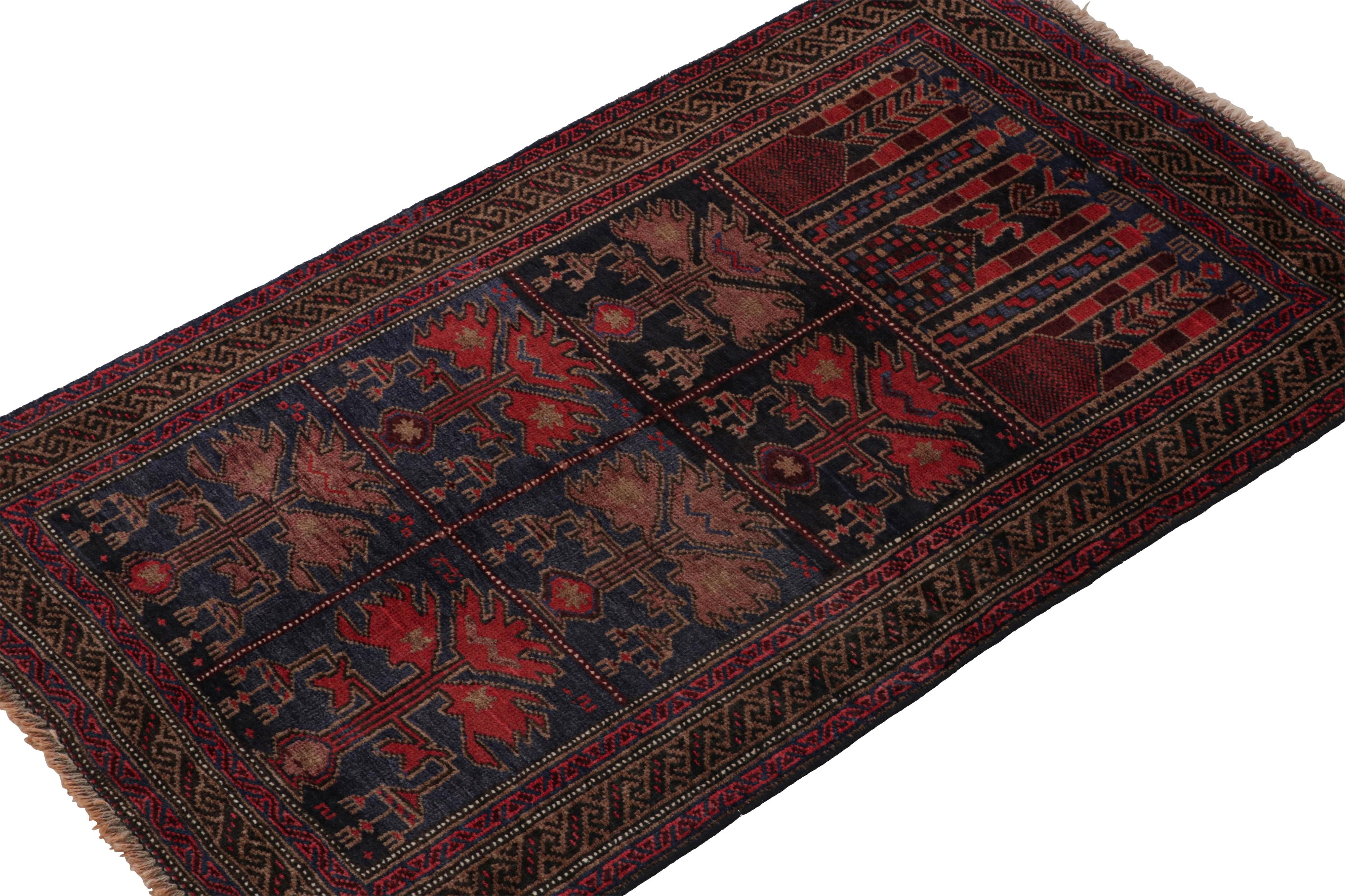 Hand-knotted in wool, this 3x4 Baluch Persian rug of the 1950s is the latest to enter Rug & Kilim’s Antique & Vintage collection.

On the Design:

The piece carries tribal patterns in prevailing tones of red & blue. Connoisseurs will admire the