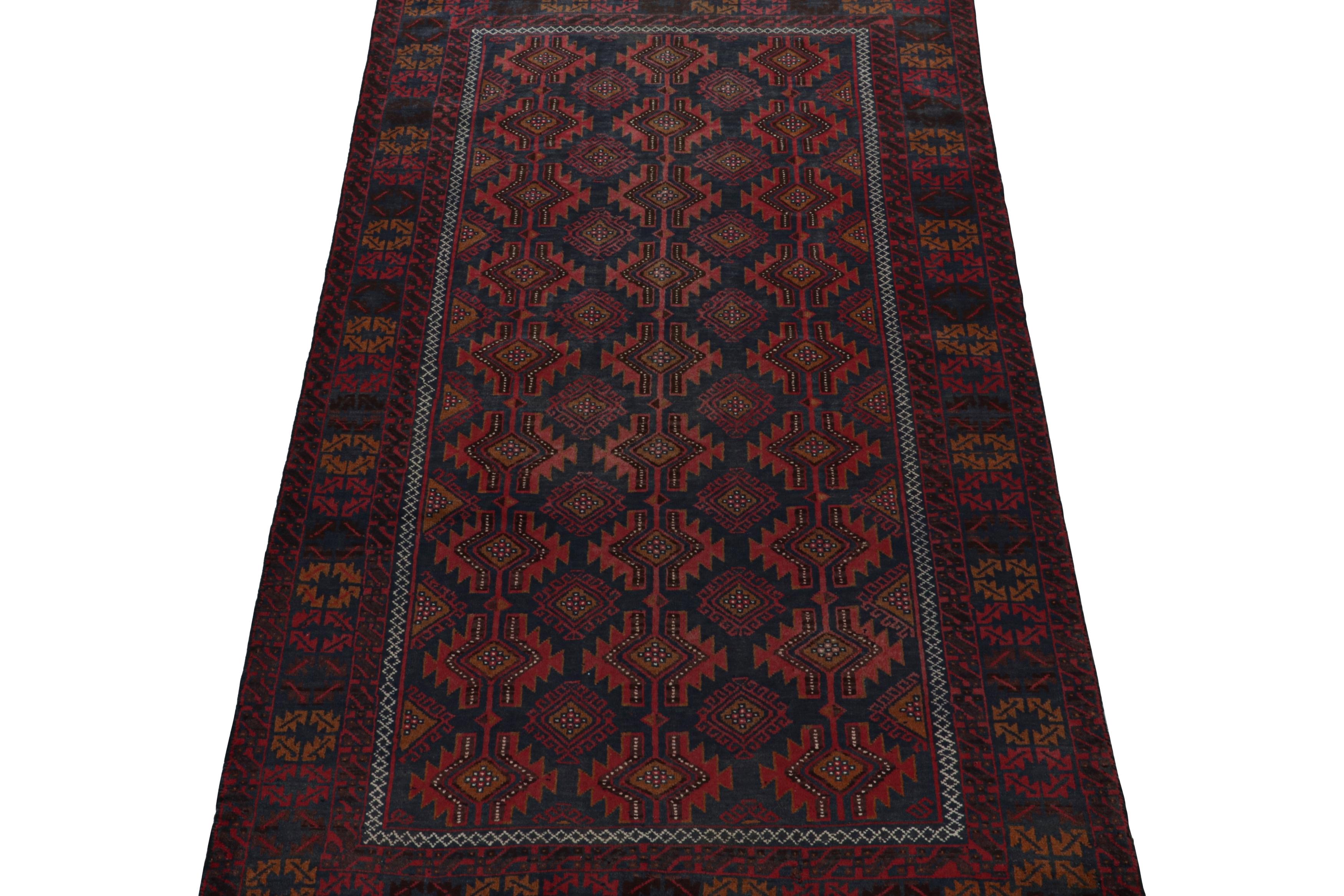 Hand-knotted in wool, this 4x6 Baluch Persian rug of the 1950s is the latest to enter Rug & Kilim’s Antique & Vintage collection.

On the Design:

The piece boasts a refined movement with tribal patterns in rich tones of red & brown on blue. The