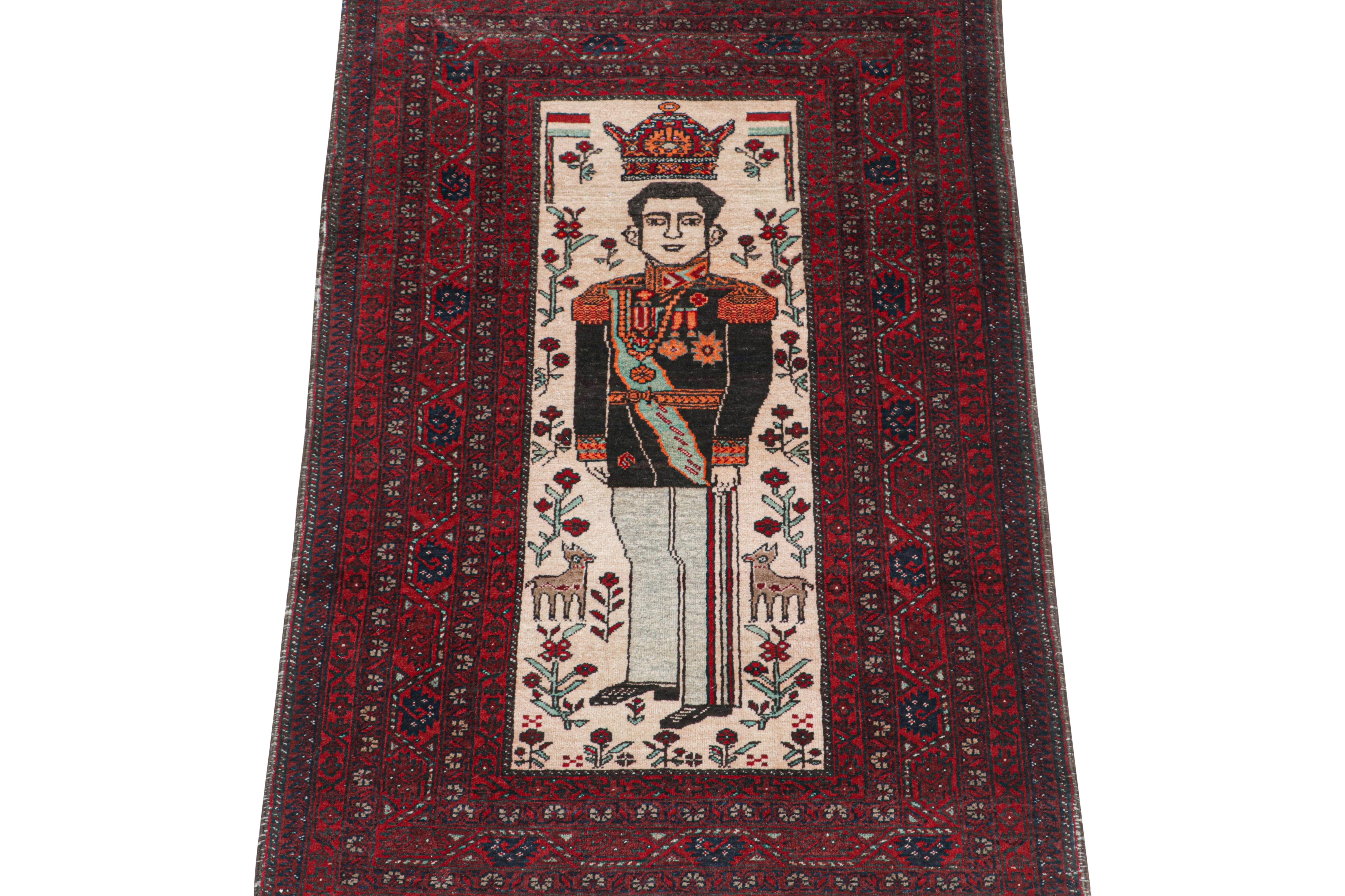 This vintage 3x5 Persian rug is a rare mid-century Baluch tribal piece, hand-knotted in wool circa 1950-1960.

This design enjoys a pictorial of former Shah Mohammed Reza Pahlavi of Iran, as well as Iranian flags, animals, and a crown. Its borders