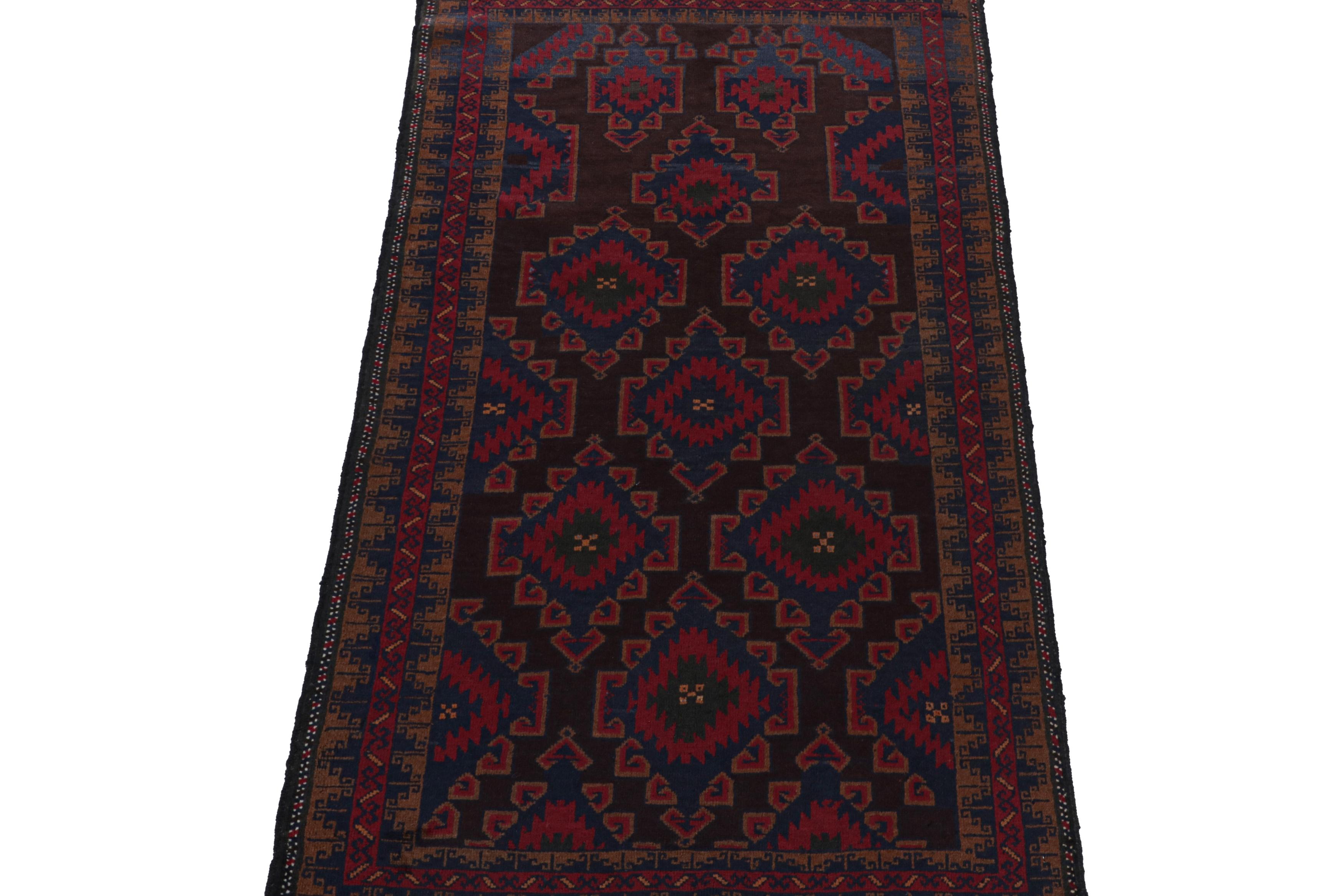Hand-knotted in wool, this 3x6 Baluch Persian runner of the 1950s is the latest to enter Rug & Kilim’s Antique & Vintage collection.

On the Design:

The piece carries tribal patterns in rich tones of red & blue on black. The field is encased in