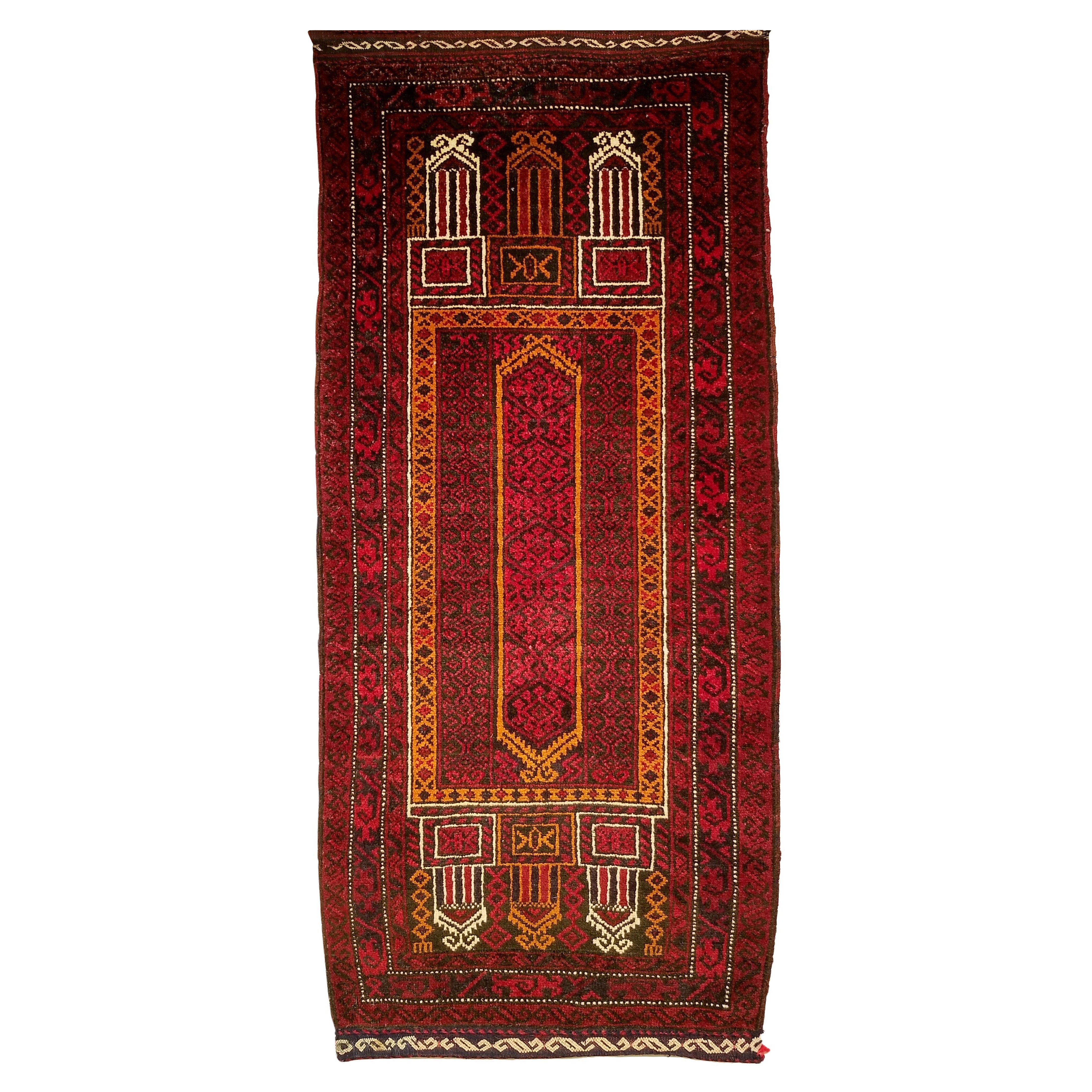 Vintage Baluch Prayer Rug, Hand-Knotted Wool, Mid-20th Century