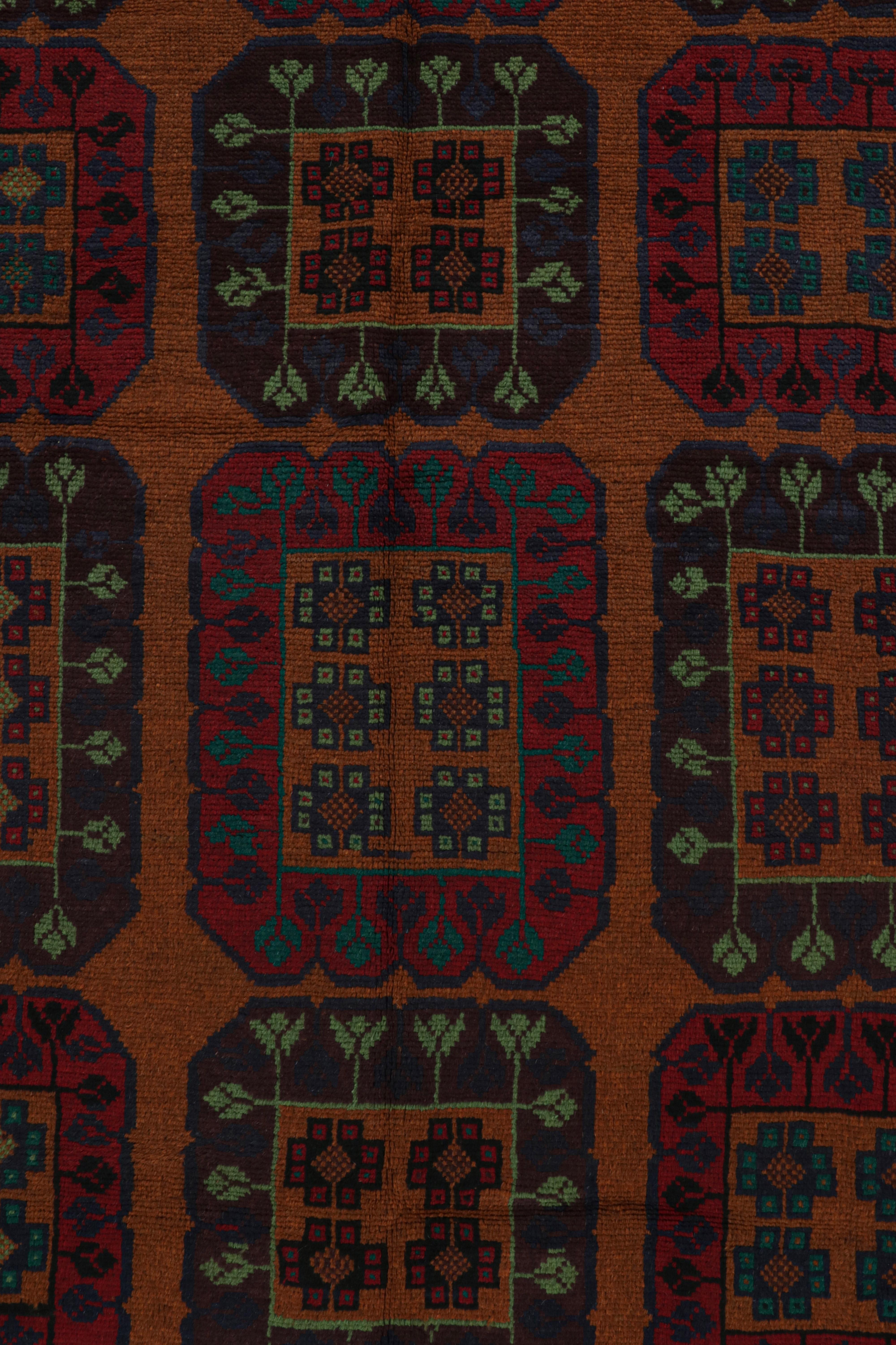 Wool Rug & Kilim’s Afghan Baluch Tribal Rug in Rust with Red and Teal Medallions For Sale