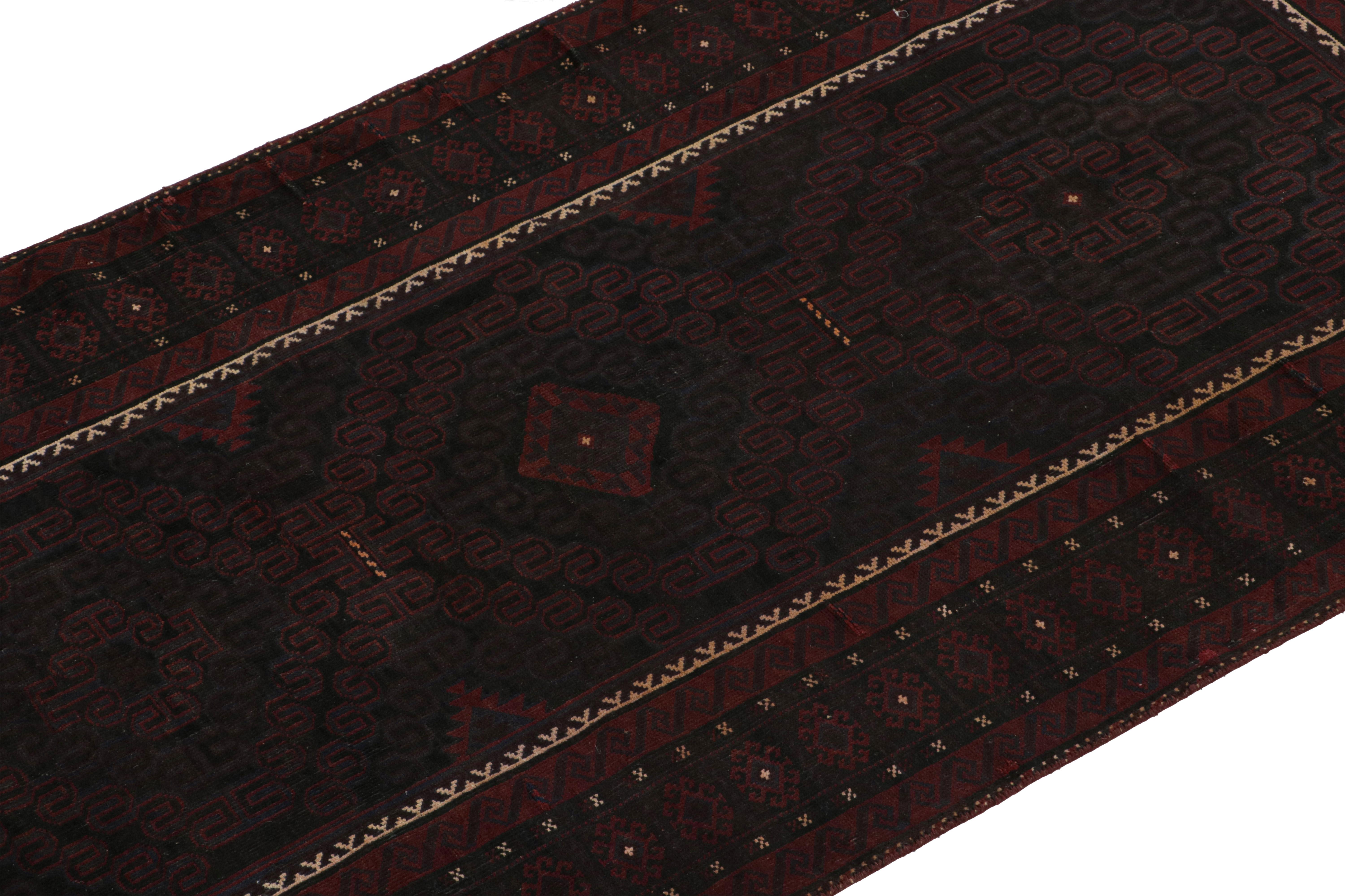 Afghan Vintage Baluch Runner Rug in Maroon & Blue Geometric Patterns, from Rug & Kilim For Sale