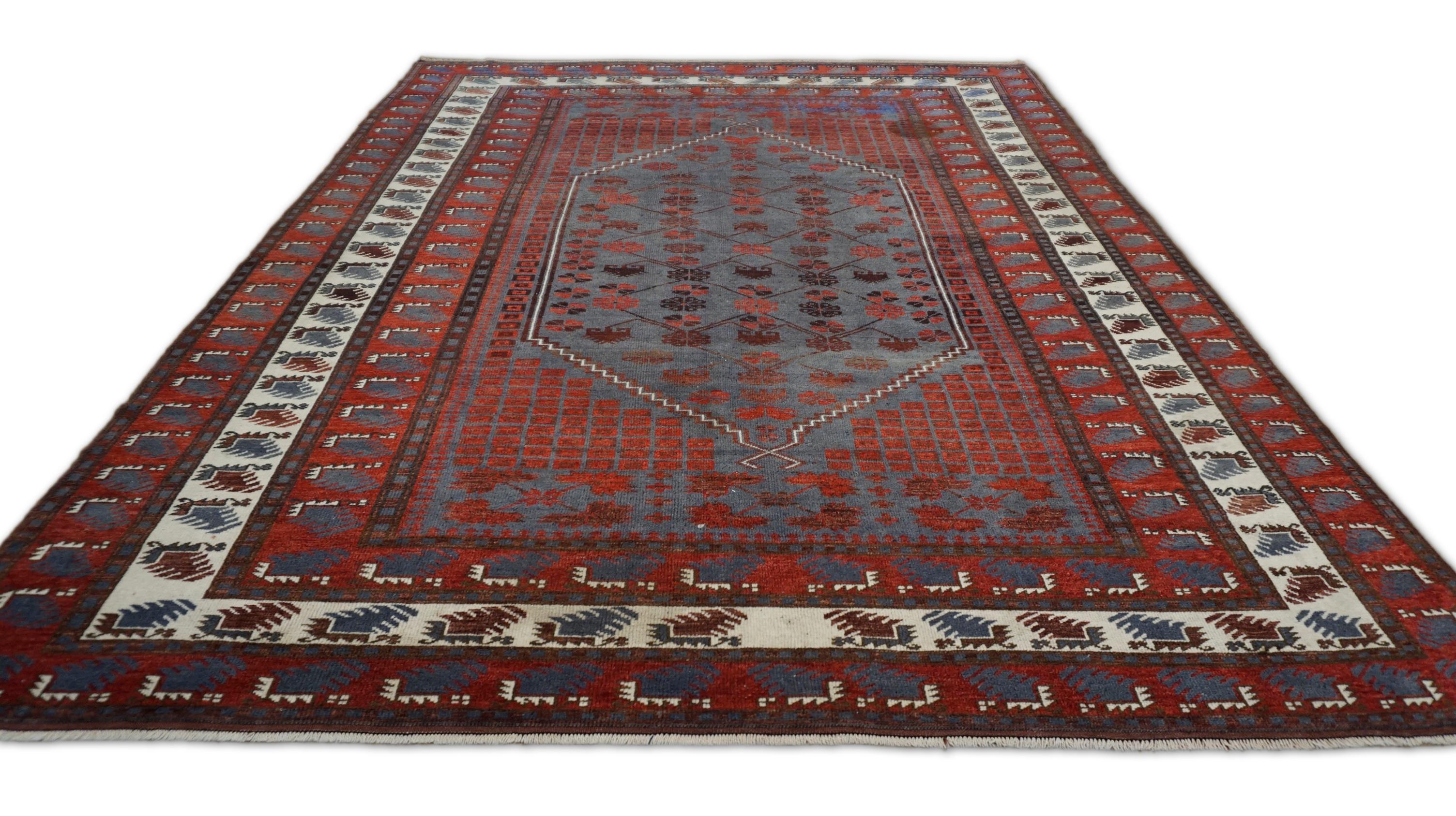Tribal Vintage Baluch Stlye Red Blue Wool Rug 6'8''x8'4'' Circa 1960 For Sale