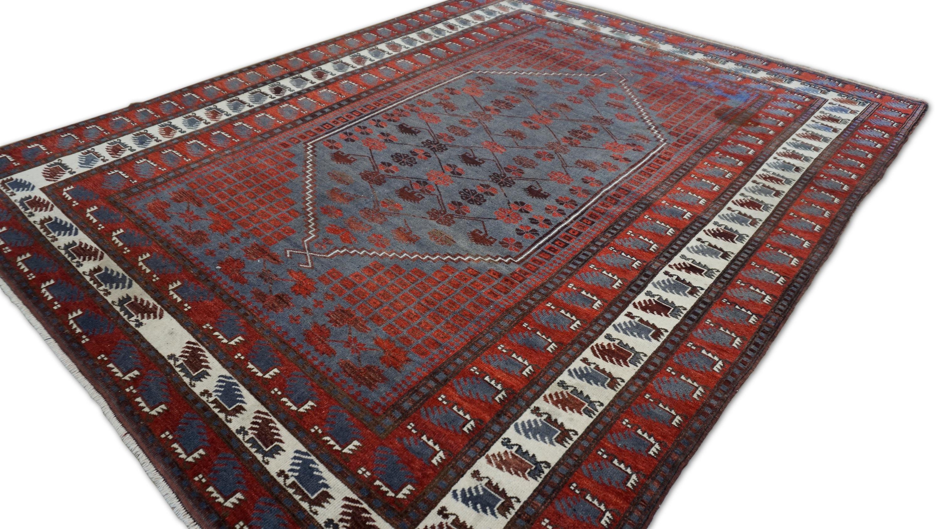 Turkish Vintage Baluch Stlye Red Blue Wool Rug 6'8''x8'4'' Circa 1960 For Sale
