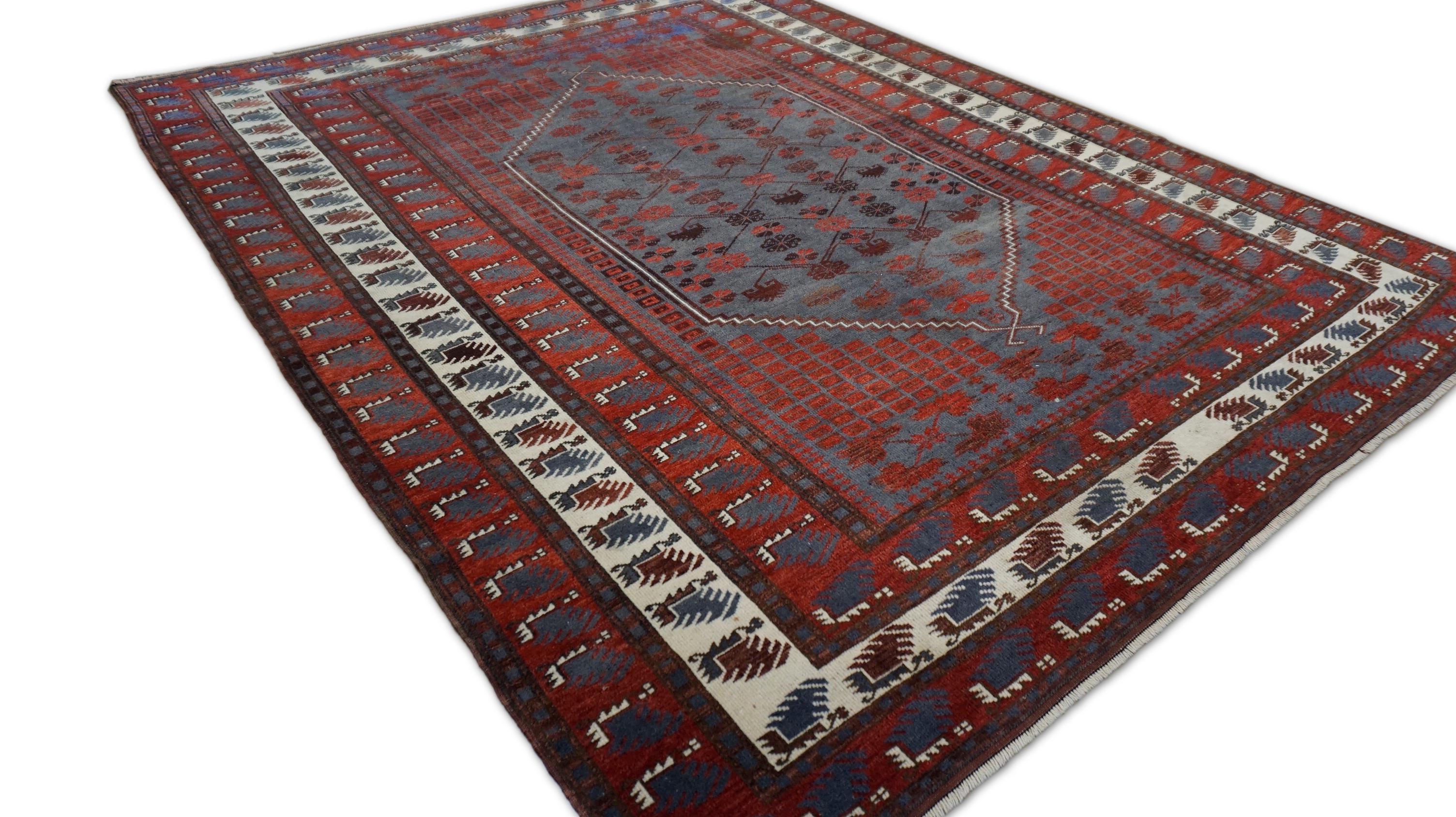 Hand-Knotted Vintage Baluch Stlye Red Blue Wool Rug 6'8''x8'4'' Circa 1960 For Sale
