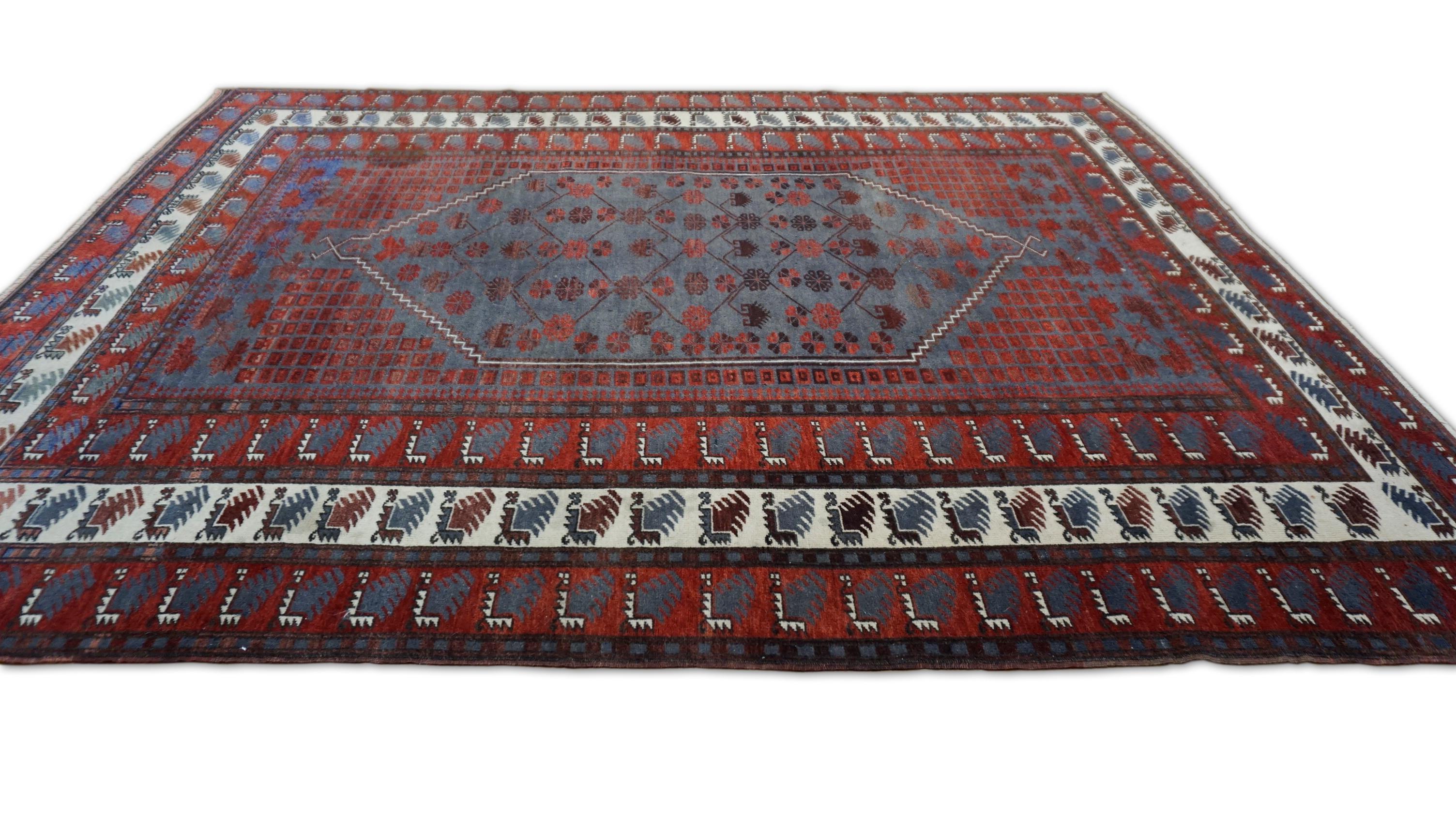 20th Century Vintage Baluch Stlye Red Blue Wool Rug 6'8''x8'4'' Circa 1960 For Sale