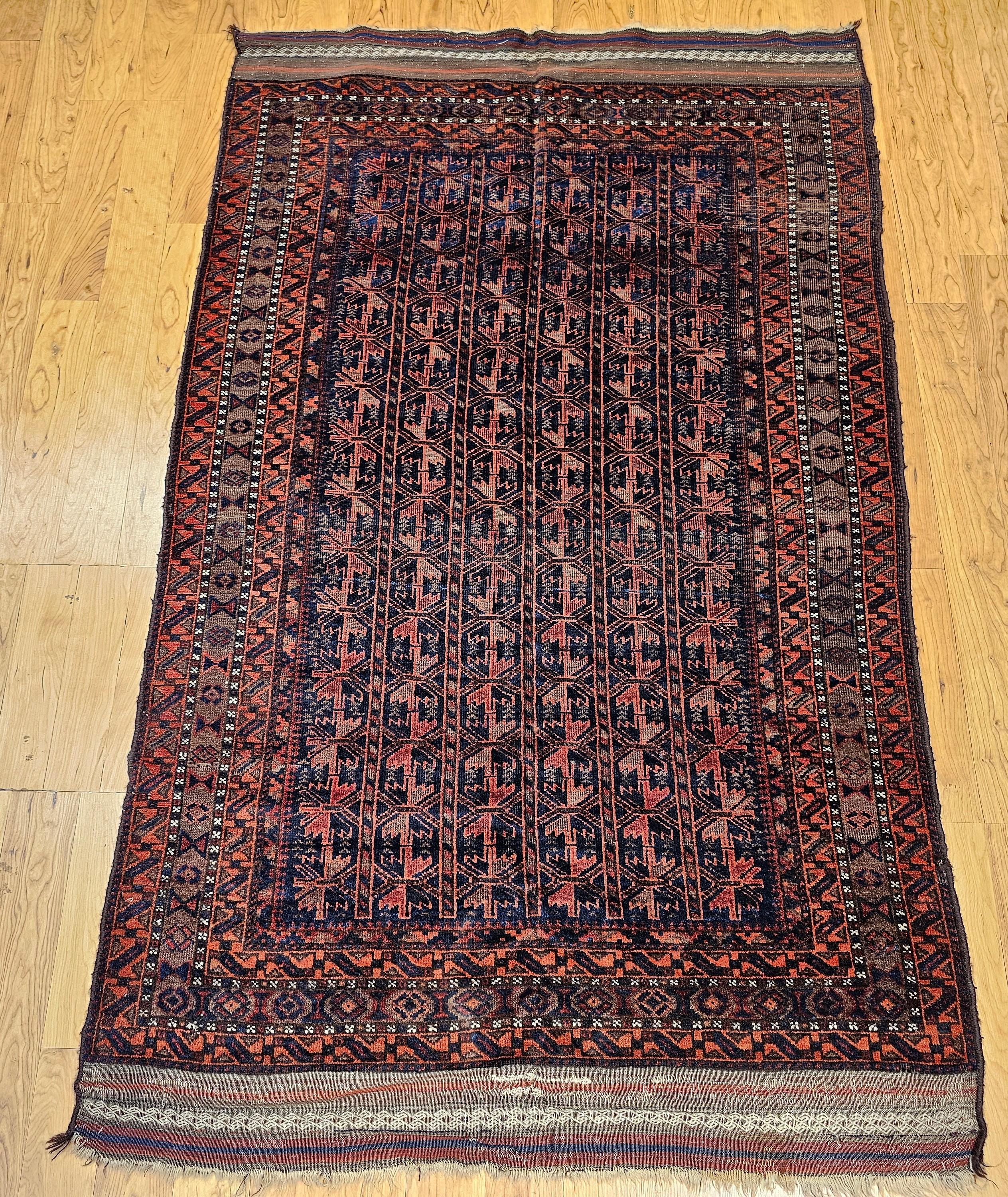 Vintage Baluch Tribal Rug in Allover Geometric Pattern in Navy Blue, Dark Red For Sale 5