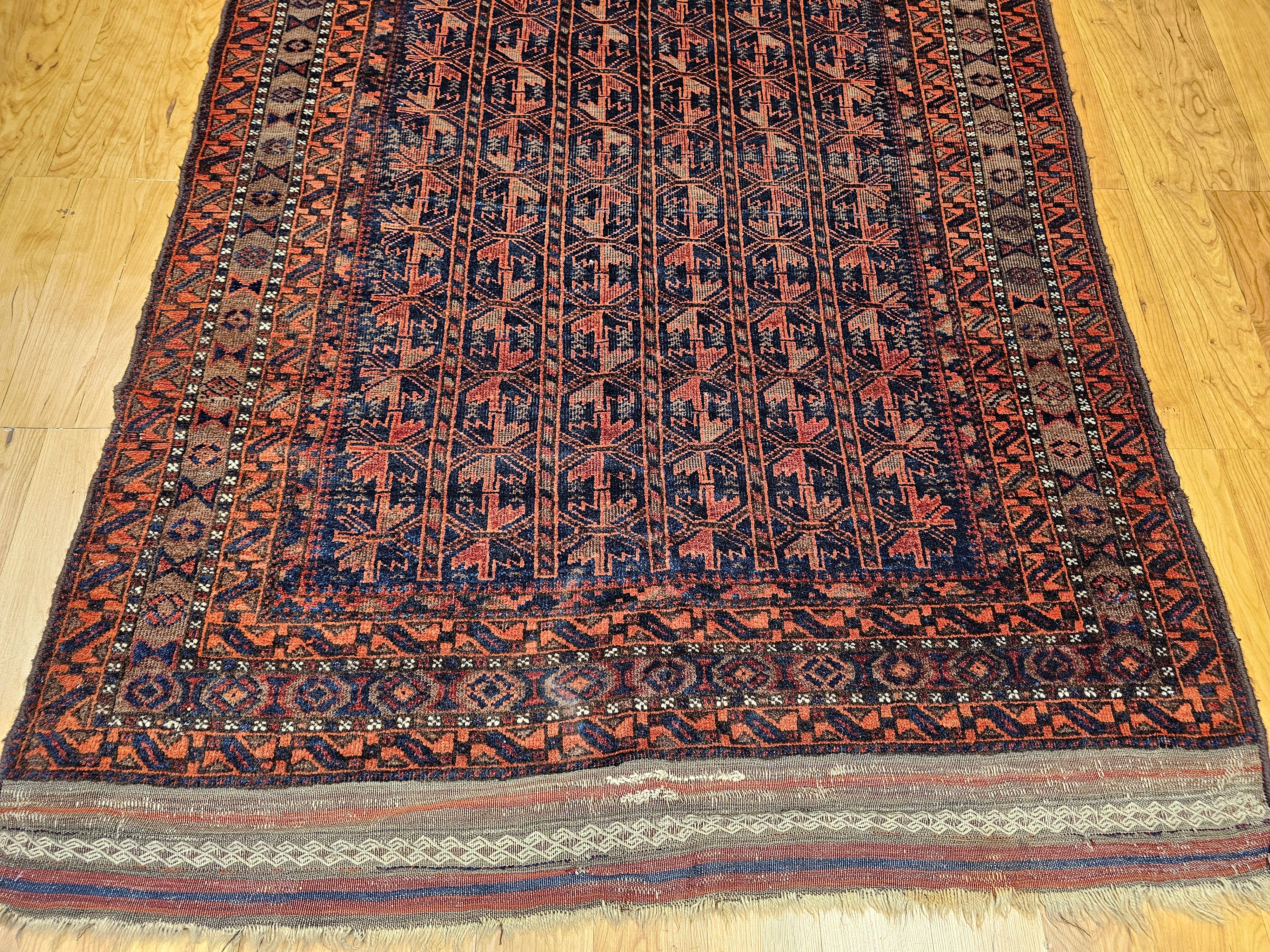 Vintage Baluch Tribal Rug in Allover Geometric Pattern in Navy Blue, Dark Red For Sale 6