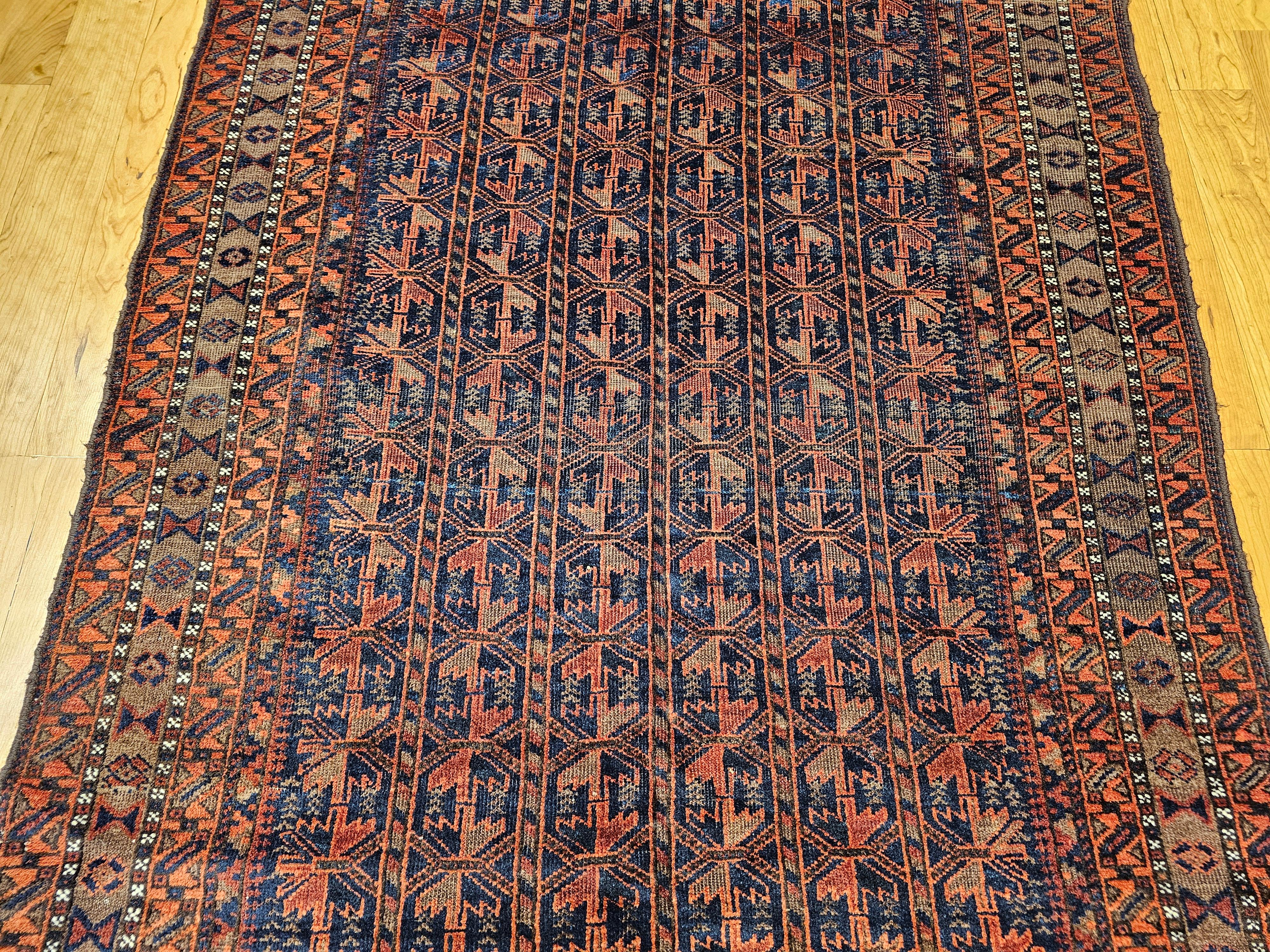 Vintage Baluch Tribal Rug in Allover Geometric Pattern in Navy Blue, Dark Red For Sale 7