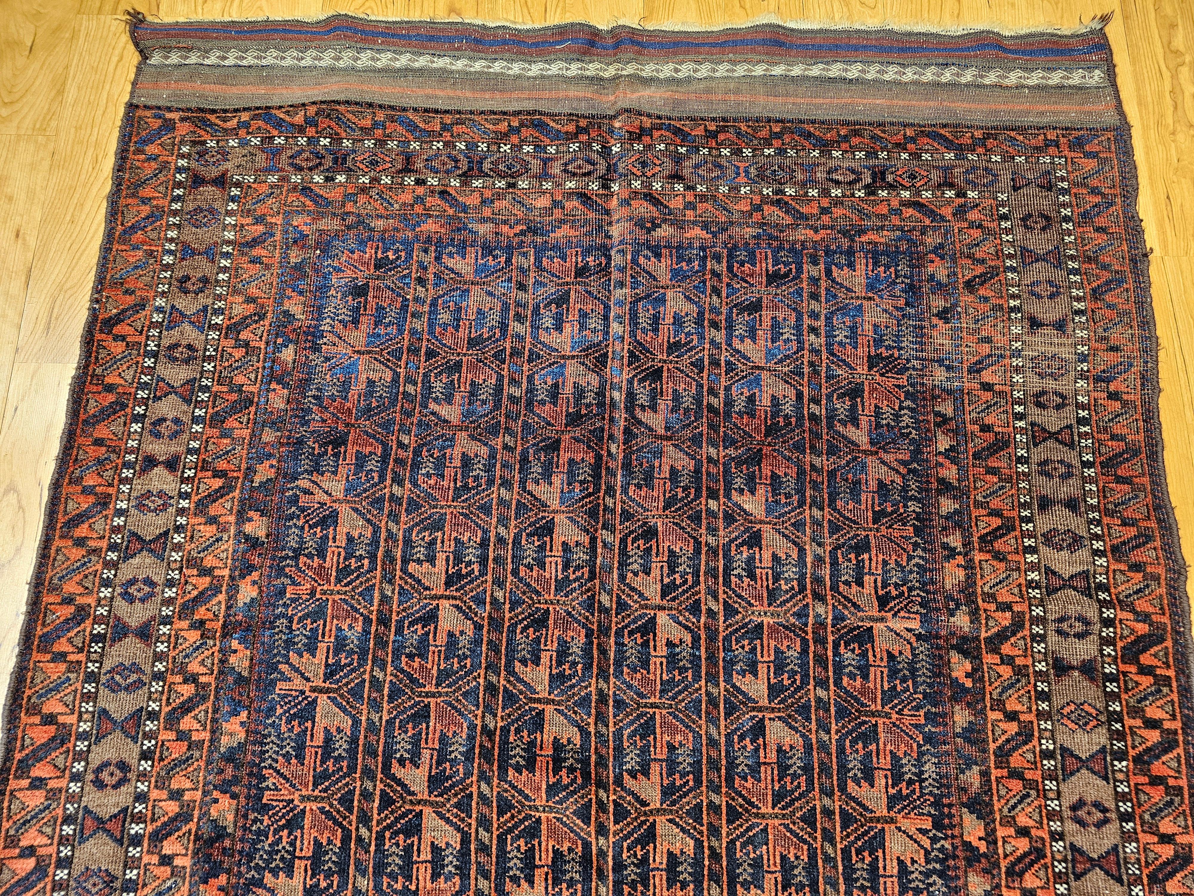 Vintage Baluch Tribal Rug in Allover Geometric Pattern in Navy Blue, Dark Red For Sale 8