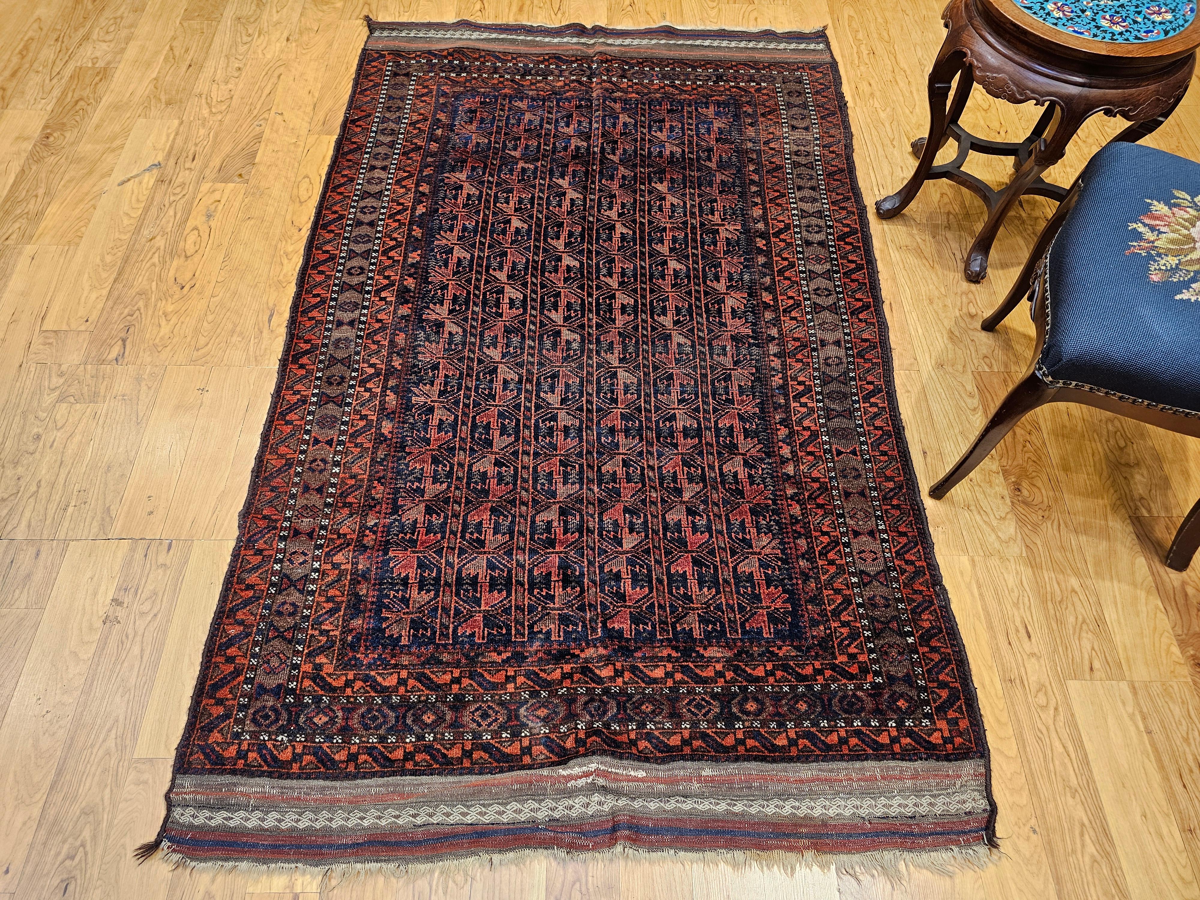 Vintage Baluch Tribal Rug in Allover Geometric Pattern in Navy Blue, Dark Red For Sale 9