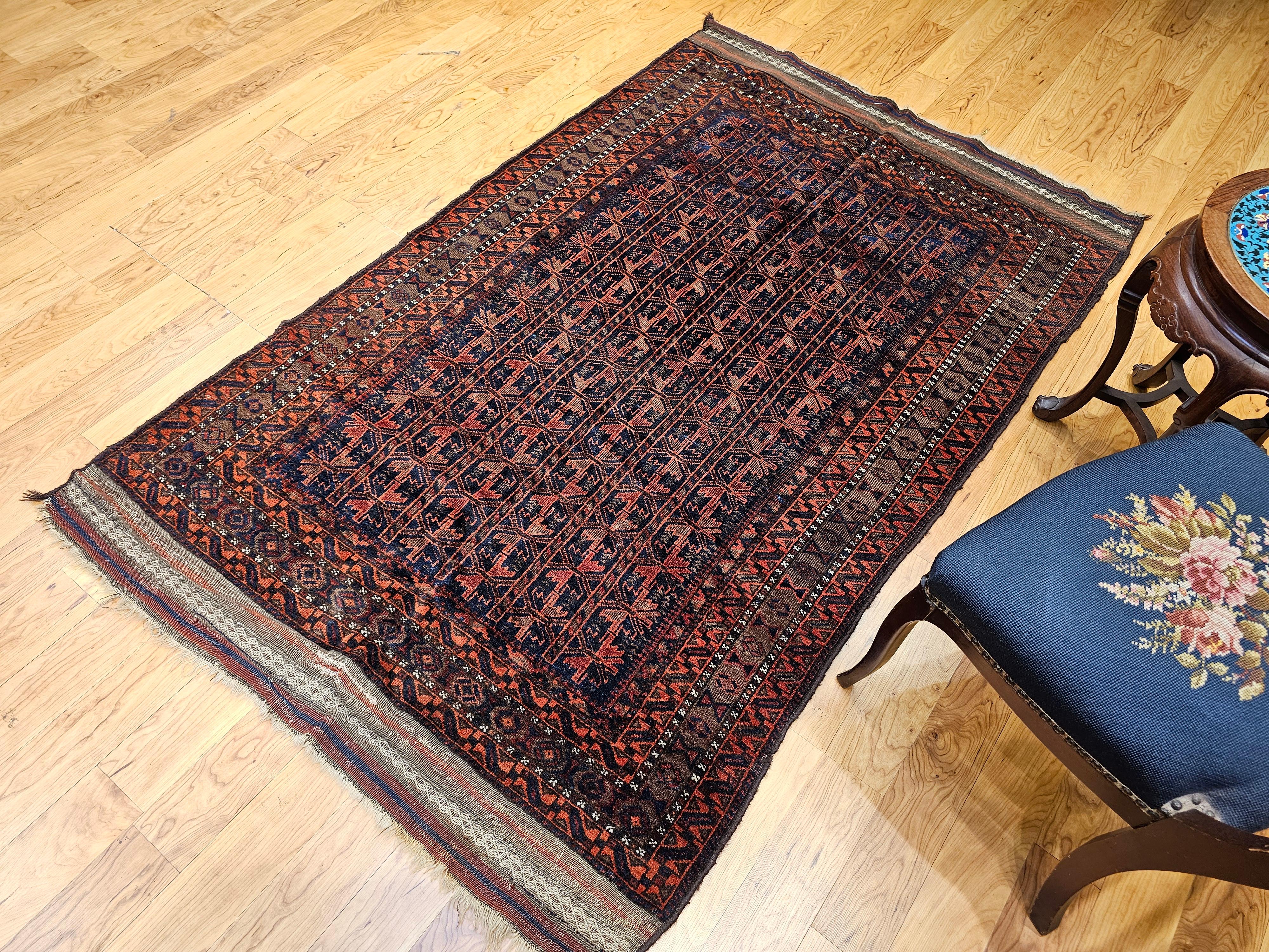 Vintage Baluch Tribal Rug in Allover Geometric Pattern in Navy Blue, Dark Red For Sale 10