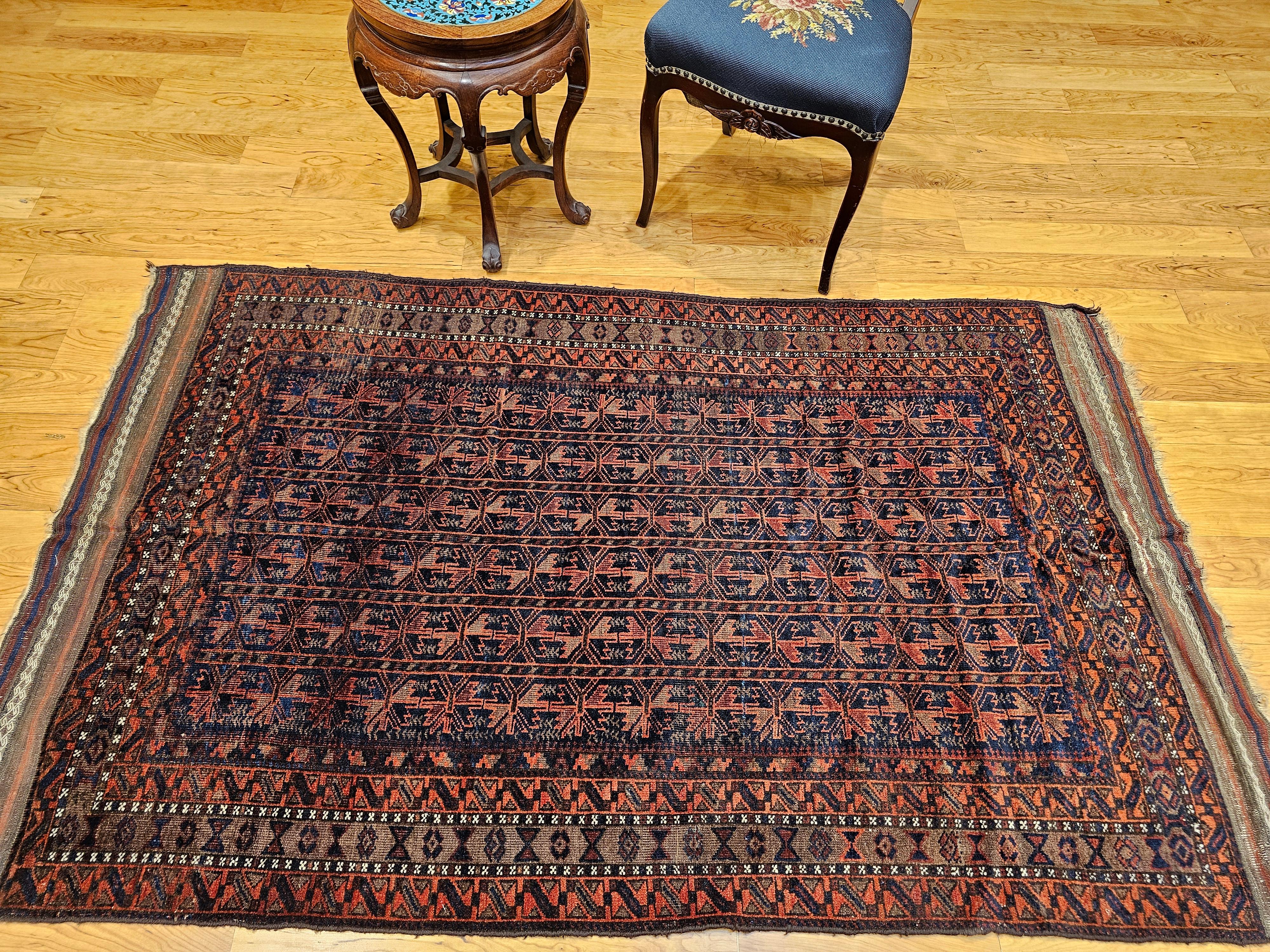 Vintage Baluch Tribal Rug in Allover Geometric Pattern in Navy Blue, Dark Red For Sale 11
