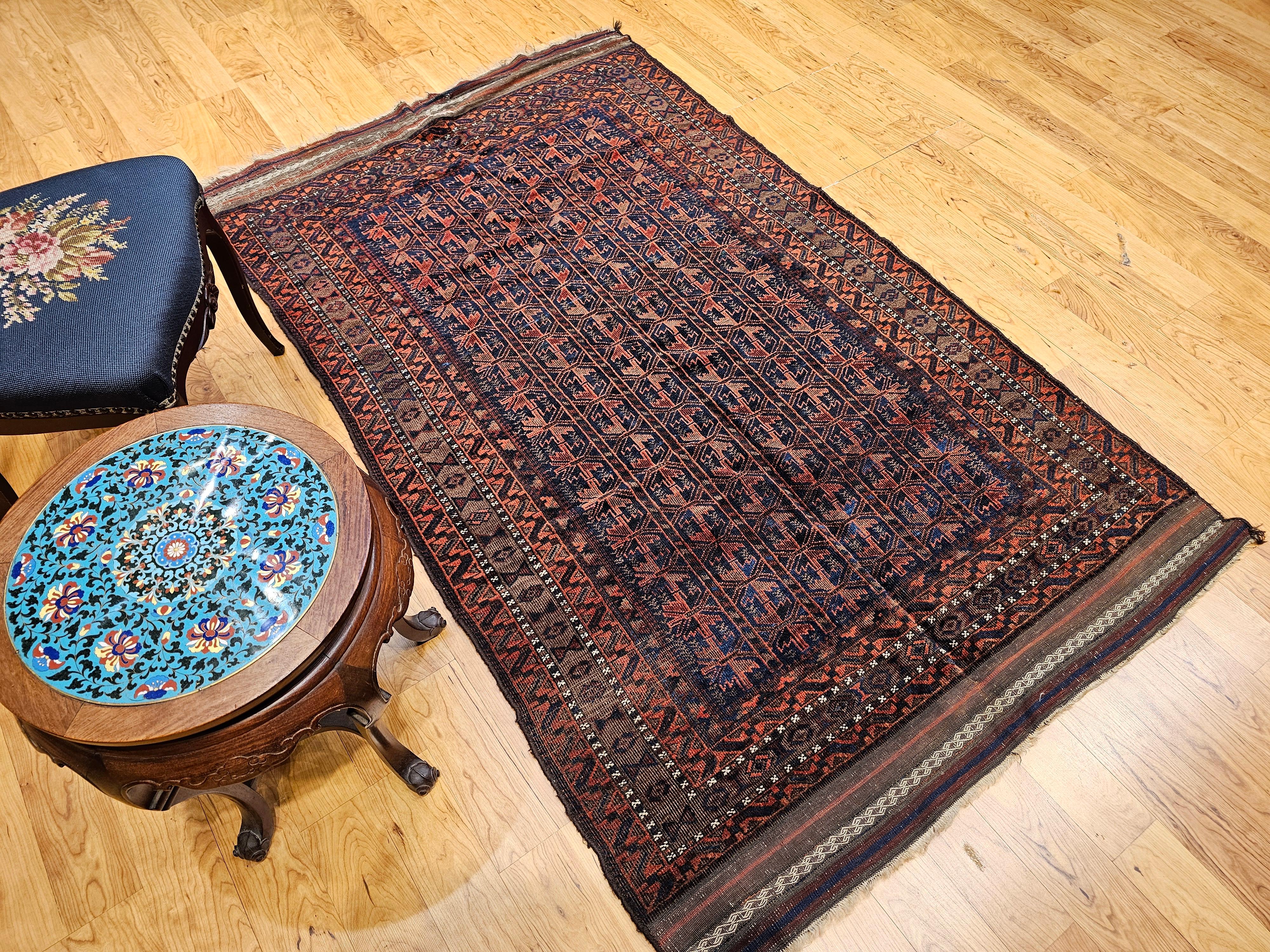 Vintage Baluch Tribal Rug in Allover Geometric Pattern in Navy Blue, Dark Red For Sale 12