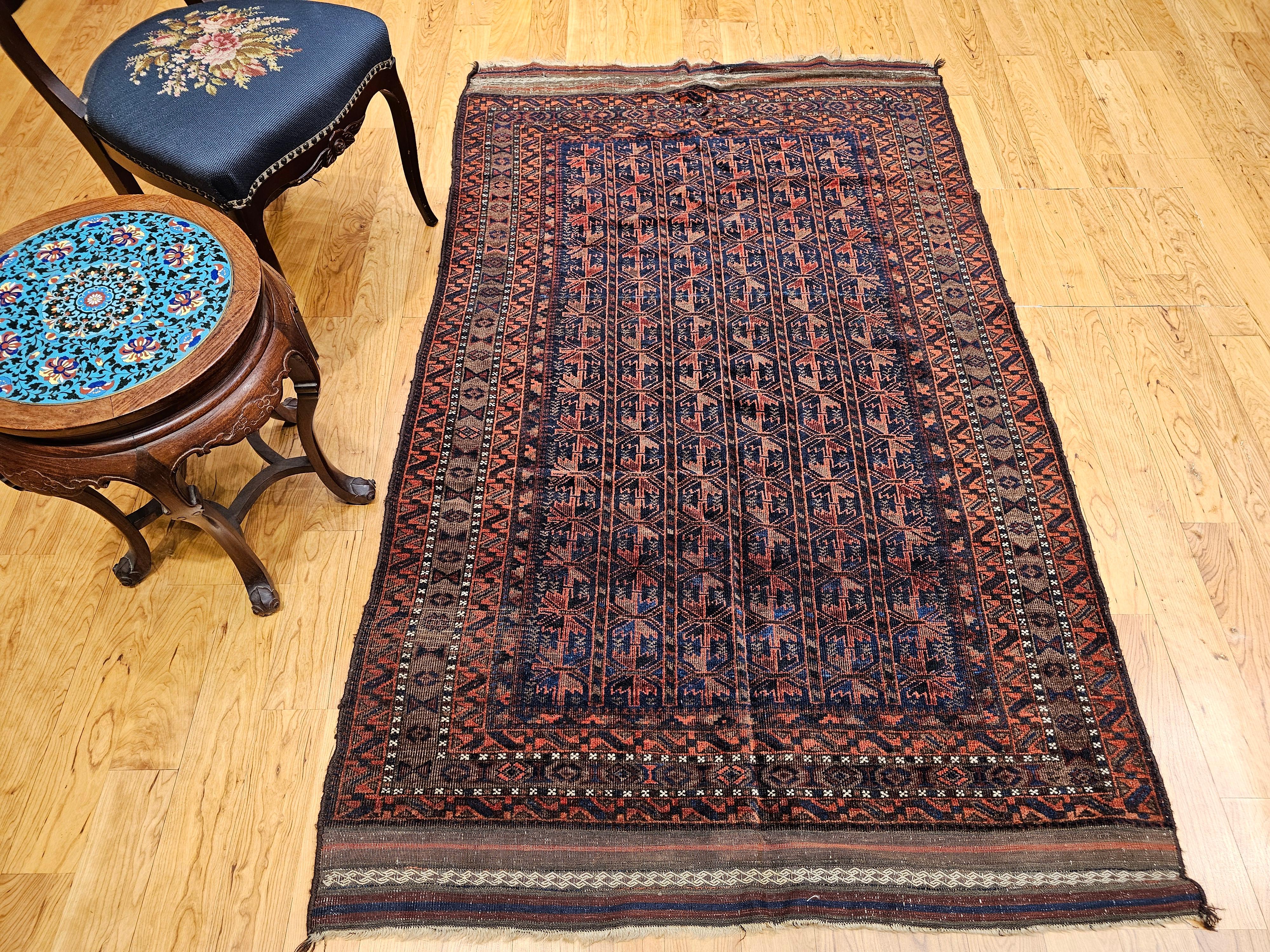 Vintage Baluch Tribal Rug in Allover Geometric Pattern in Navy Blue, Dark Red For Sale 13