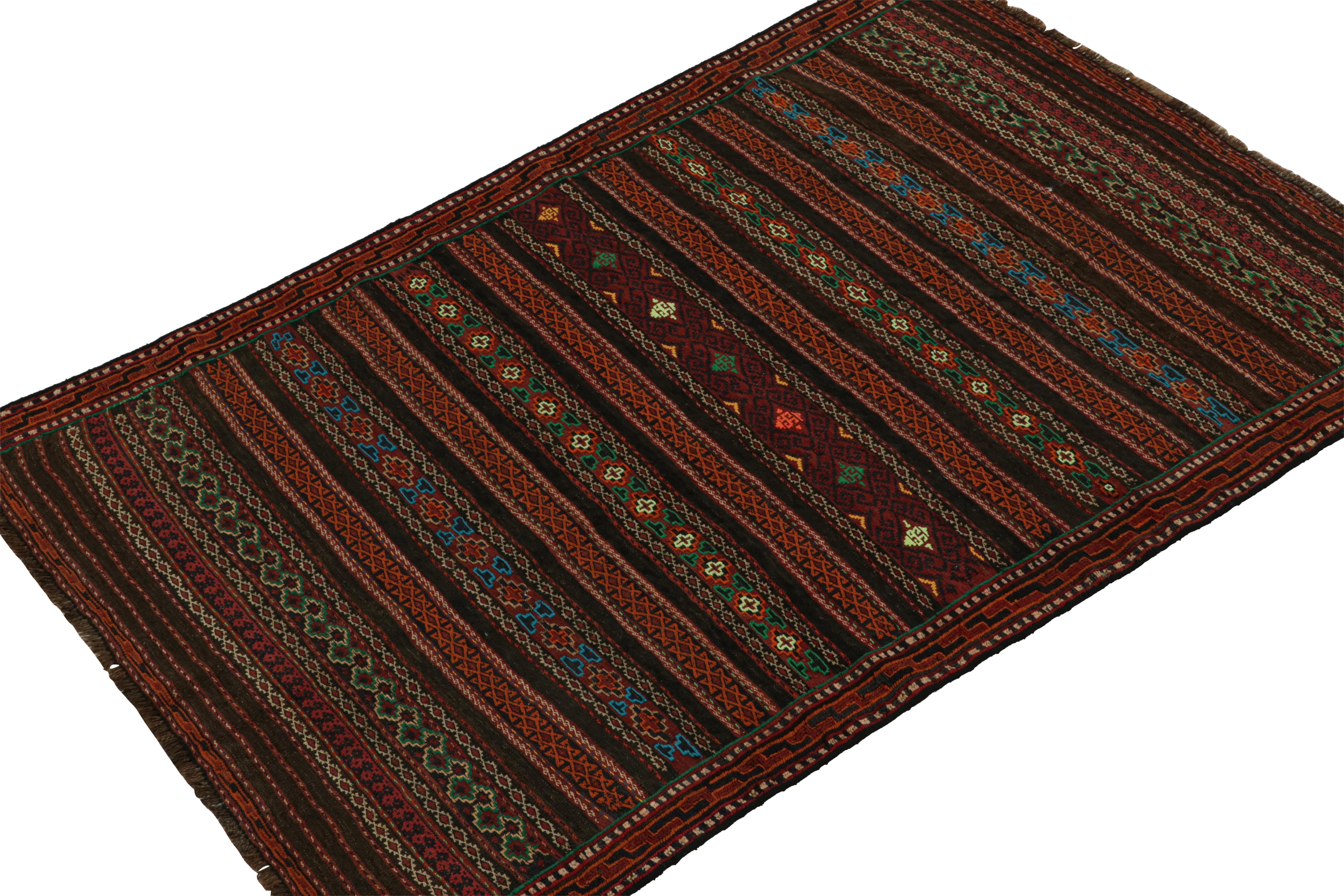 Handwoven in wool circa 1950-1960, this 4x6 vintage Baluch Kilim  is a new curation from Rug & Kilim’s primitivist flatweaves. 

On the Design:

Specifically believed to be coming from the Leghari clan of the Baluch tribe, this 4x6 flatweave boasts