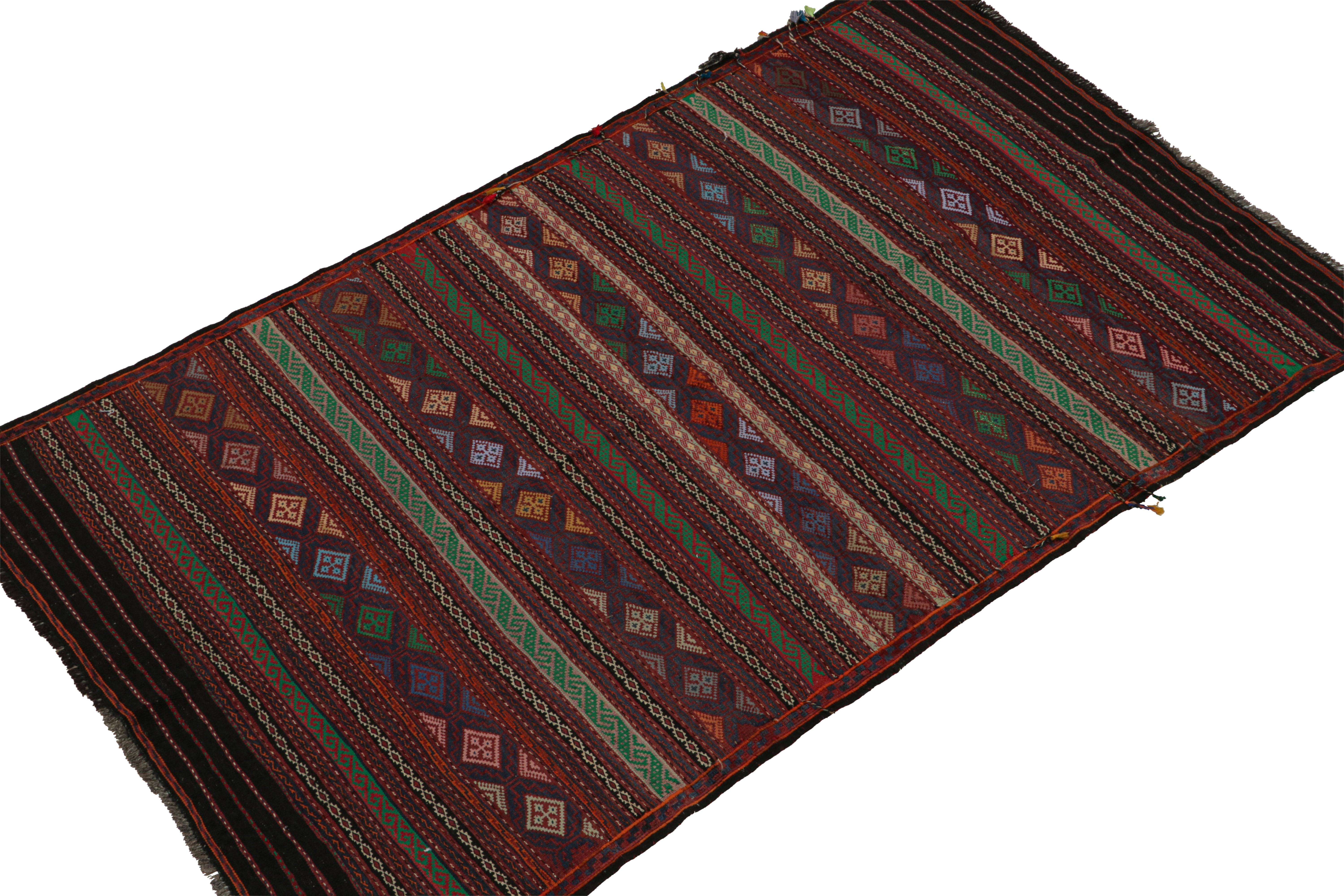 Handwoven in wool circa 1950-1960, this 4x7 vintage tribal Baluch kilim rug is the latest to join Rug & Kilim’s collection of coveted flatweaves. 

On the Design: 

Specifically believed to hail from the Leghari clan of this nomadic tribe, this