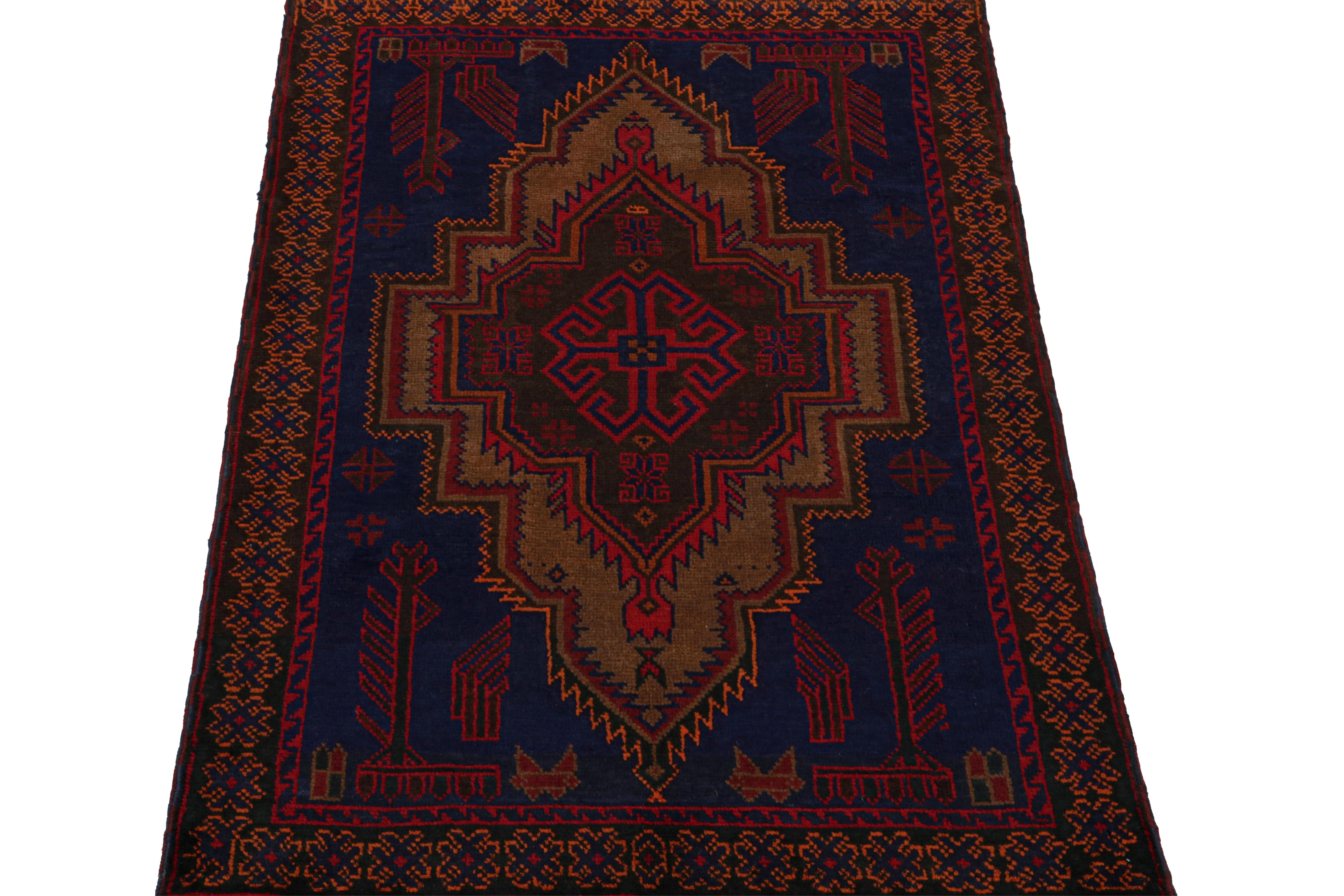 Afghan Vintage Baluch Tribal Rug in Blue with Red & Brown Medallion, from Rug & Kilim For Sale