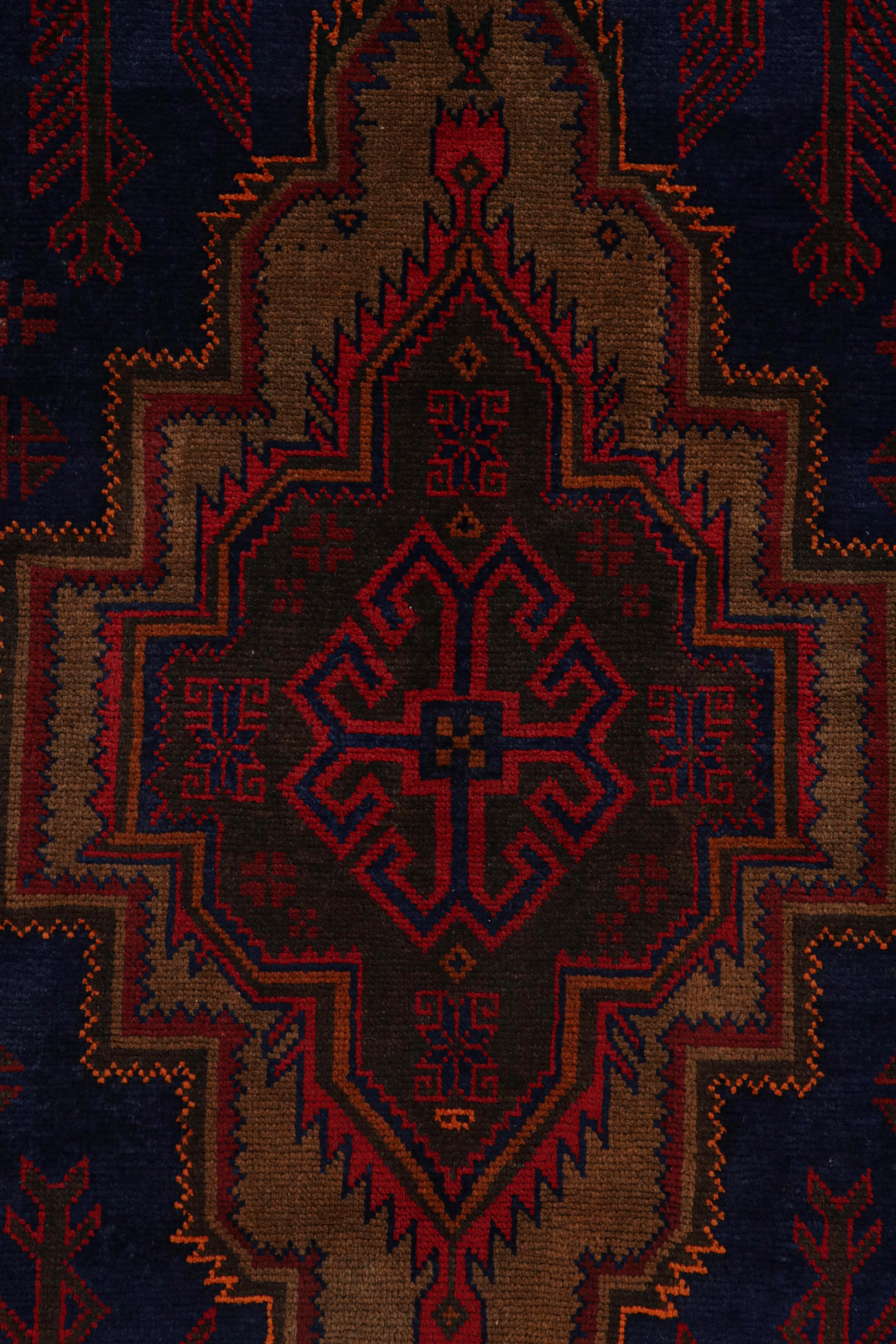Mid-20th Century Vintage Baluch Tribal Rug in Blue with Red & Brown Medallion, from Rug & Kilim For Sale